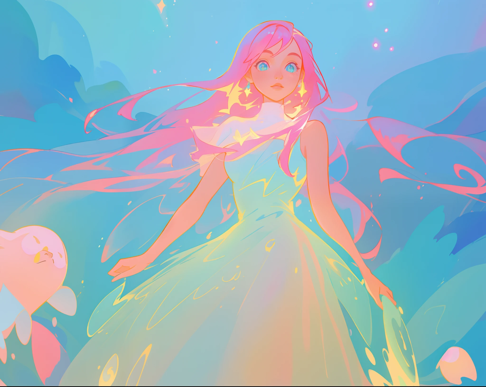 beautiful girl in sparkling white puffy dress, vibrant pastel colors, (colorful), magical lights, long flowing colorful pink hair, otherworldly aqua and blue landscape background, inspired by Glen Keane, inspired by Lois van Baarle, disney art style, by Lois van Baarle, glowing aura around her, by Glen Keane, jen bartel, glowing lights! digital painting, flowing glowing hair, glowing flowing hair, beautiful digital illustration, fantasia background, whimsical, magical, fantasy, beautiful face, ((masterpiece, best quality)), intricate details, highly detailed, sharp focus, 8k resolution, sparkling detailed eyes, liquid watercolor