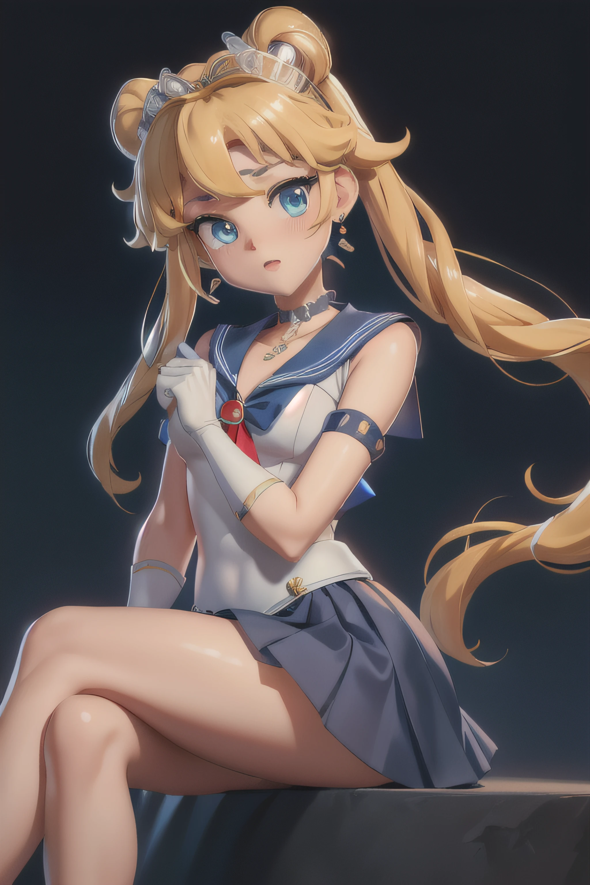 masterpiece, best quality, high resolution, 1 girl, solo, sailor senshi uniform, SMMoon, 1990s \(style\), blonde hair, magical girl, blue eyes, blue skirt, elbow-length gloves, tiara, pleated skirt , blue sailor necklace, miniskirt, choker, blue choker, white gloves, very long hair, jewelry, earrings, sitting, legs crossed, very sexy. CROSING LEGS, SHOW BOOTY