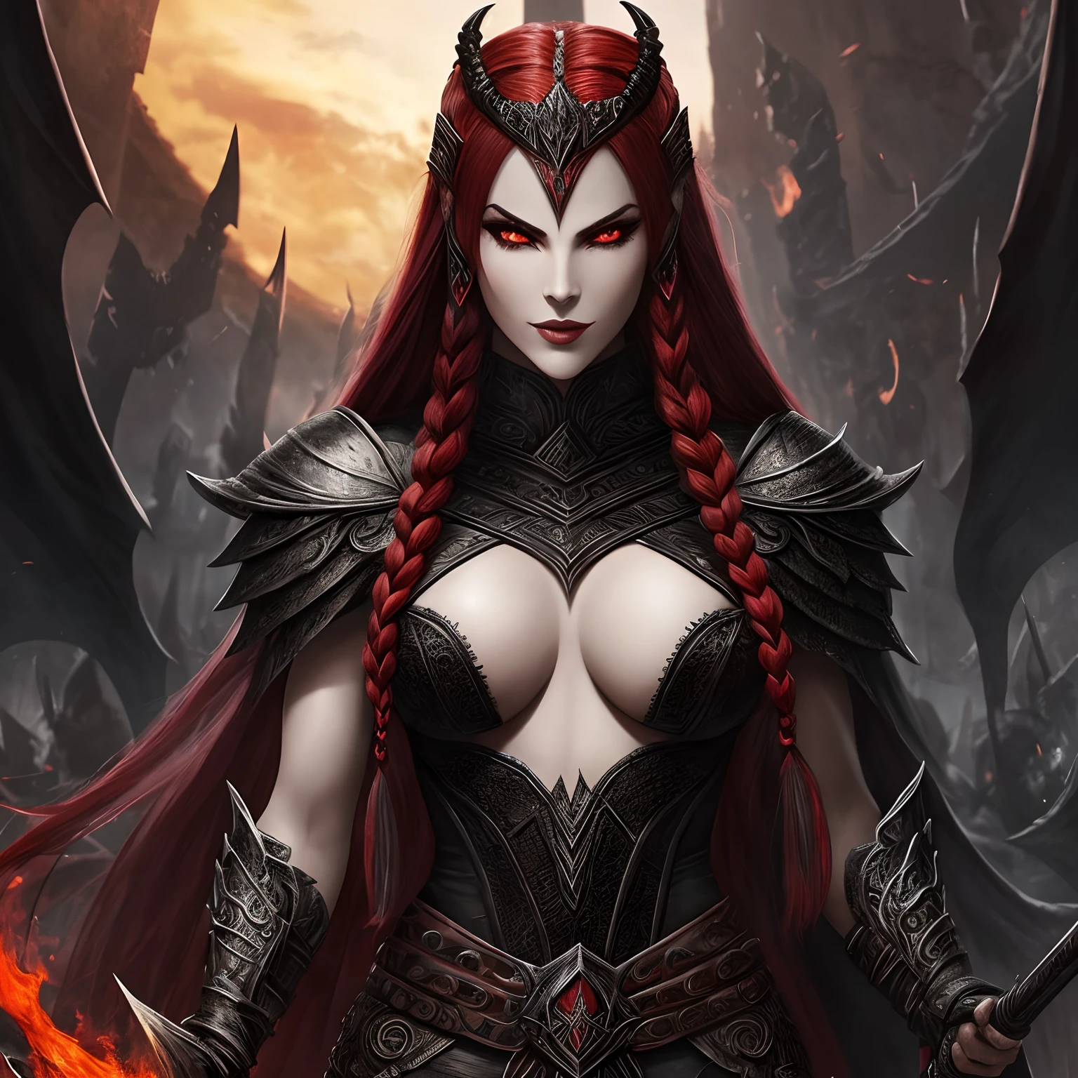 Berserker, Barbarian female vampira,  Arte de Fantasia, of his gaze alone enemies beginning to panic, one head, devilish smile, besta do inferno, demonio, White Fire Sky, guerreira, com foice e escudo, lindo, Female orcs, Werelion, Long red braided hair, olhos dourados brilhantes, realista, altamente detalhados, Motor irreal, 8k de luxo