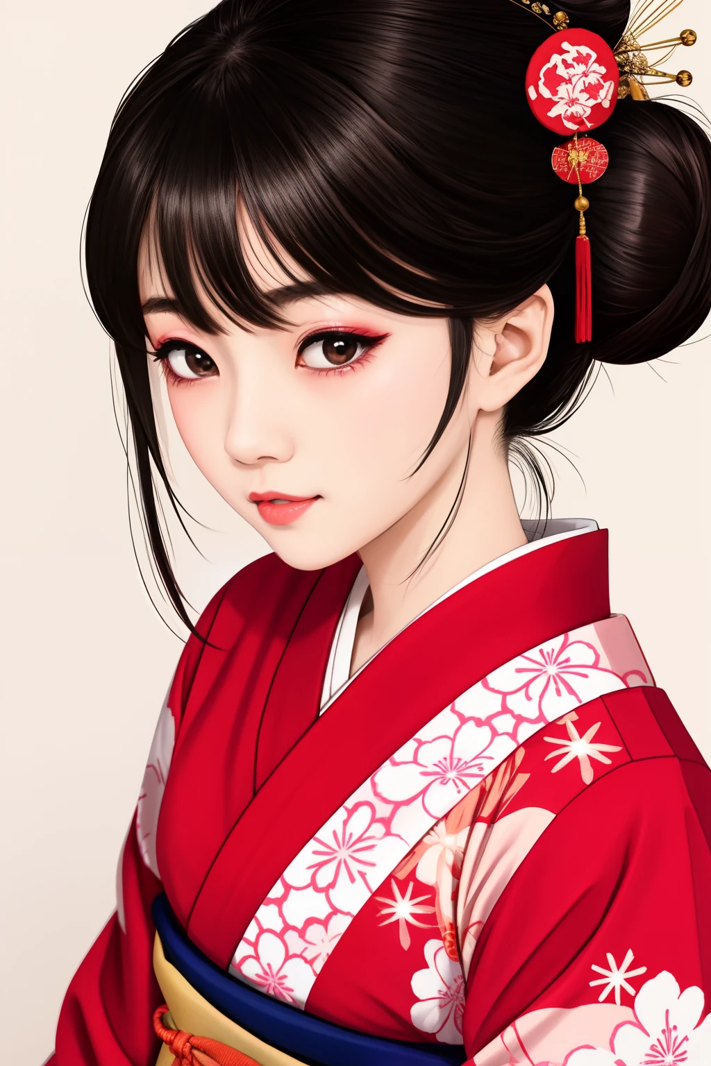 ((Big、a small face、No exposure))、top-quality、masterpiece、(Bun hair Black hair、Ponytail hair)、Brown eyes、⦅From the buttocks up is the whole body、Diagonally horizontal⦆、(4In K、masterpiece、hight resolution、Realistic and beautiful light and shadow、One girl、Solo Focus、(top-quality)、(Hi-Res)、(extremely delicate and beautiful)、(Beautiful 8k face)、(I close my eyes while smiling.)、(独奏)、(Clear skin)、(Soft hair)、(7headed body)、(Japanese style yukata kimono with red and pink floral pattern isolated on white background、Beautiful girl in Japan wearing yukata)、((Hair in a bun))、((Tanabata decoration background))、((a small face))、(reality)、thin and small nose、(red lipsticks)、(Reddening cheeks)、(Lustrous skin)、((Ukiyo-e style))、Ultra-thin eyebrows、Ultra high image quality、(Wearing maiko-style makeup)、skin whitening、long and beautiful lashes、Lustrous skin that changes like a model in a Kyoto magazine、(Red-dyed cheeks),Nasal muscle
