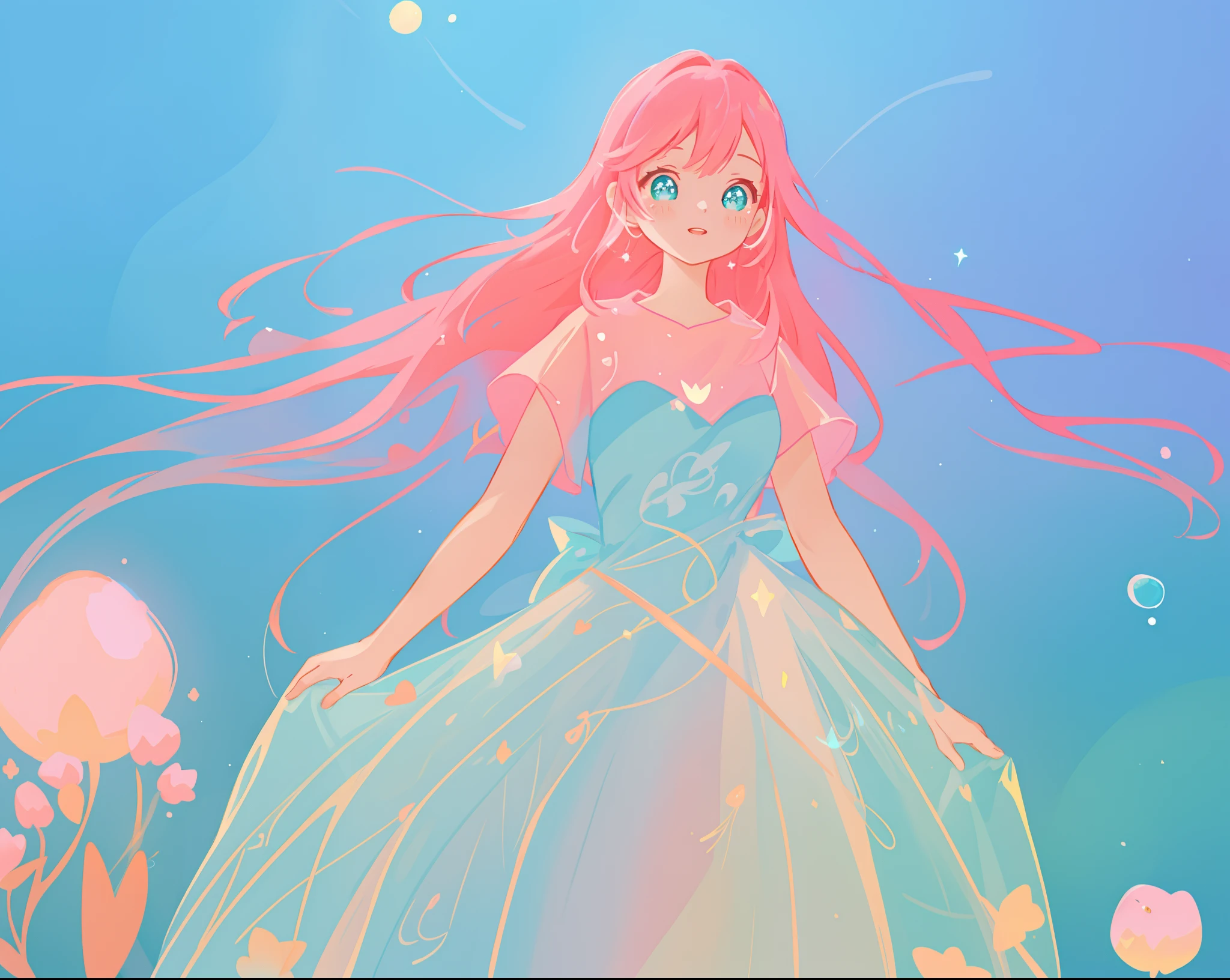 beautiful girl in sparkling white puffy dress, vibrant pastel colors, (colorful), magical lights, long flowing colorful pink hair, otherworldly aqua and blue landscape background, inspired by Glen Keane, inspired by Lois van Baarle, disney art style, by Lois van Baarle, glowing aura around her, by Glen Keane, jen bartel, glowing lights! digital painting, flowing glowing hair, glowing flowing hair, beautiful digital illustration, fantasia background, whimsical, magical, fantasy, beautiful face, ((masterpiece, best quality)), intricate details, highly detailed, sharp focus, 8k resolution, sparkling detailed eyes, liquid watercolor