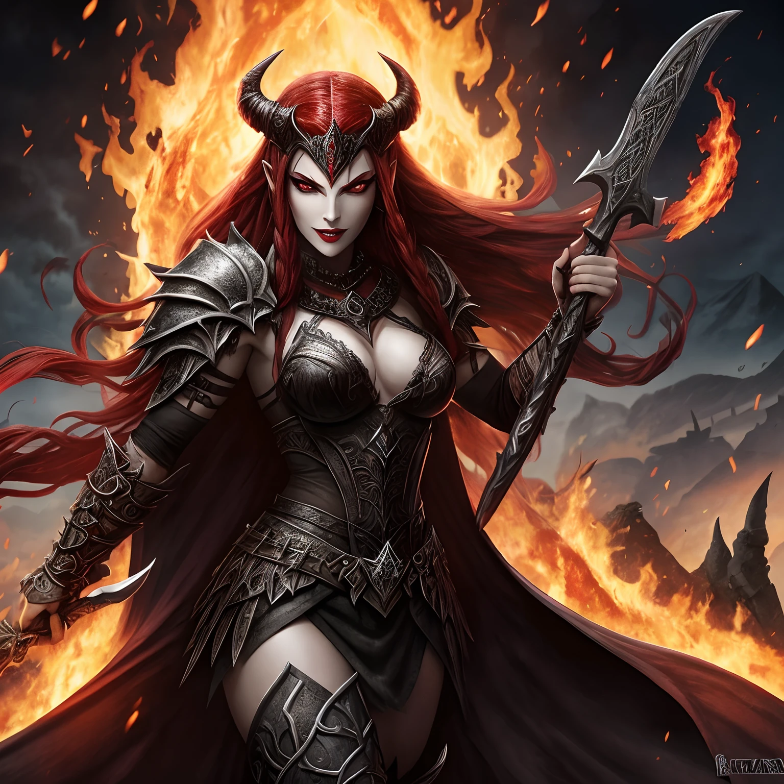 Berserker, Barbarian female vampira, Arte de Fantasia, of his gaze alone enemies beginning to panic, one head, devilish smile, besta do inferno, demonio, White Fire Sky, guerreira, com foice e escudo, lindo, Female orcs, Werelion, Long red braided hair, olhos dourados brilhantes, realista, altamente detalhados, Motor irreal, 8k de luxo