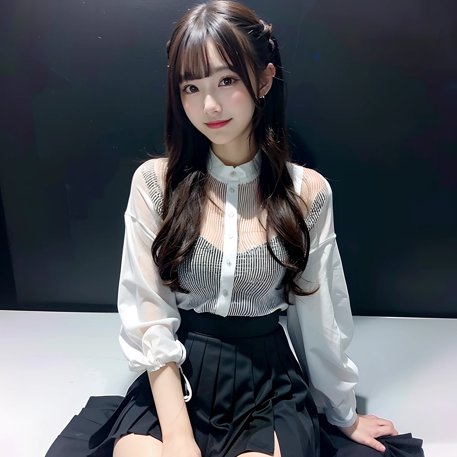 hight resolution,masutepiece,Best Quality,Extremely detailed, hyper realisitic, girl with,sitting, hair wavy, a smile, black pleats skirt, black See-through shirt, Very beautiful,cute, 8K Wallpaper, Fine detail, Very detailed 8k wallpape
