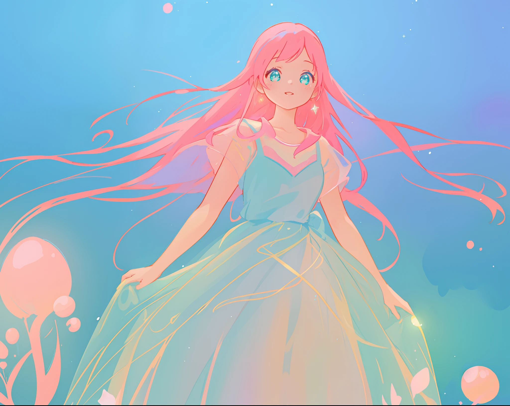 beautiful girl in sparkling white puffy dress, vibrant pastel colors, (colorful), magical lights, long flowing colorful pink hair, otherworldly aqua and blue landscape background, inspired by Glen Keane, inspired by Lois van Baarle, disney art style, by Lois van Baarle, glowing aura around her, by Glen Keane, jen bartel, glowing lights! digital painting, flowing glowing hair, glowing flowing hair, beautiful digital illustration, fantasia background, whimsical, magical, fantasy, beautiful face, ((masterpiece, best quality)), intricate details, highly detailed, sharp focus, 8k resolution, sparkling detailed eyes, liquid watercolor