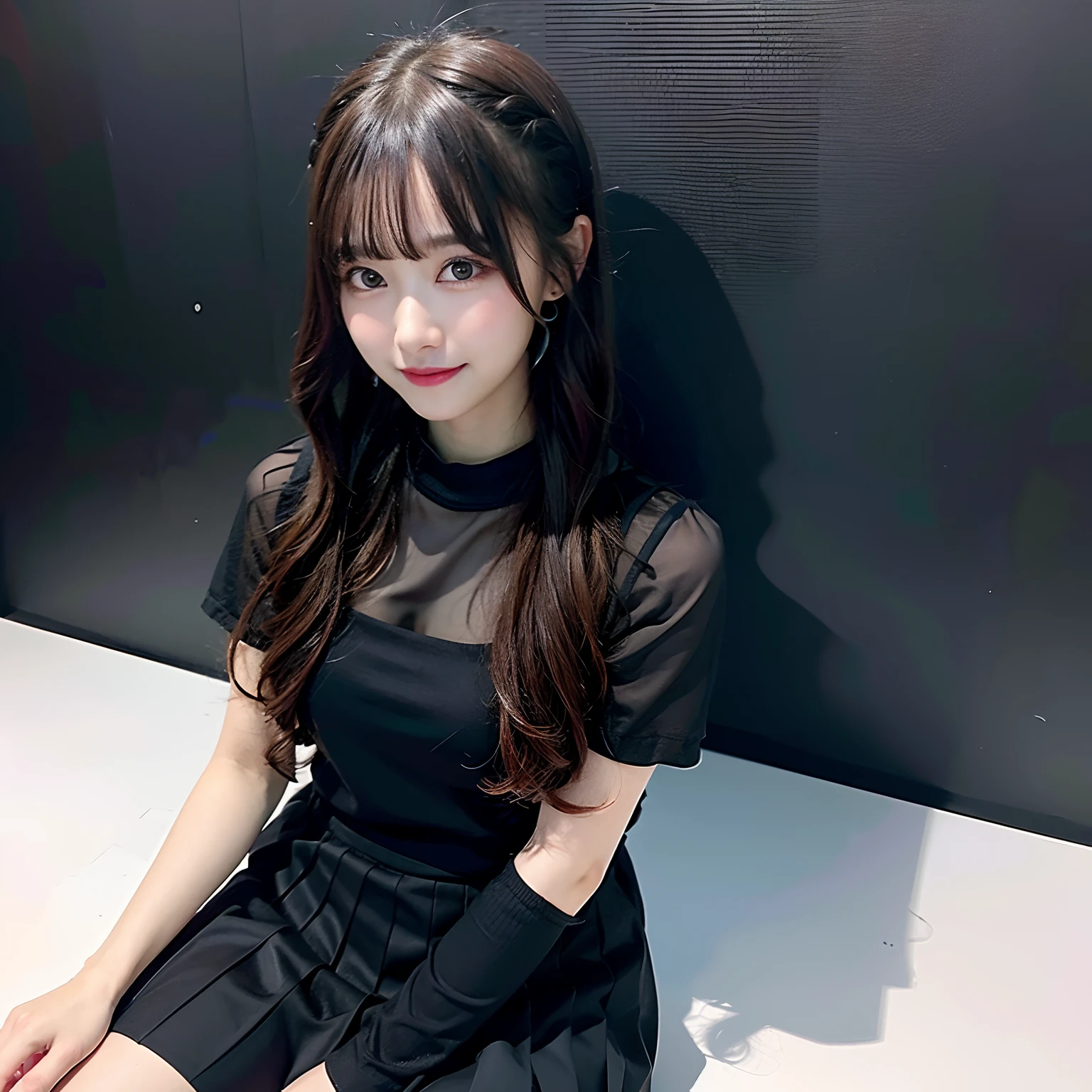 1 girl in(8K、Raw photography、top-quality、​masterpiece:1.2)、(realisitic、realisitic:1.37)、ultra-detailliert、Full body shot、realistic eyes and face details、natural skin textures、Dark eyebrows、(((thighs thighs thighs thighs、cross one's legs)))、Fair skin、A detailed face、真实感、Realistic background、Realistic lighting、Sweaty skin