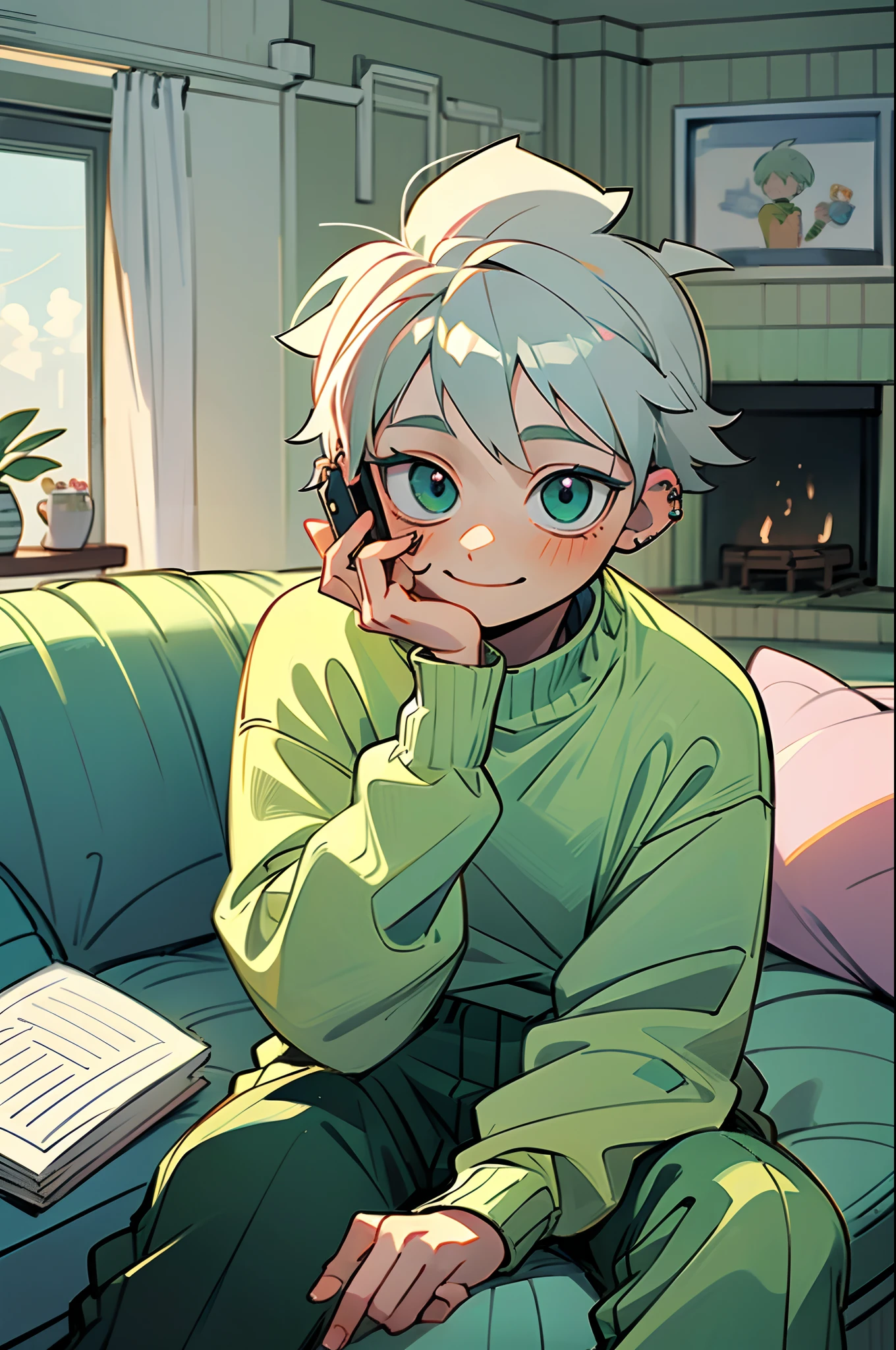 cute kpop boy sitting inside living room in happy smile, happy, green sweater, with piercing, looking at its phone, cute innocent face, grey hair,lofi style, cute, cozy inside view(killua style)