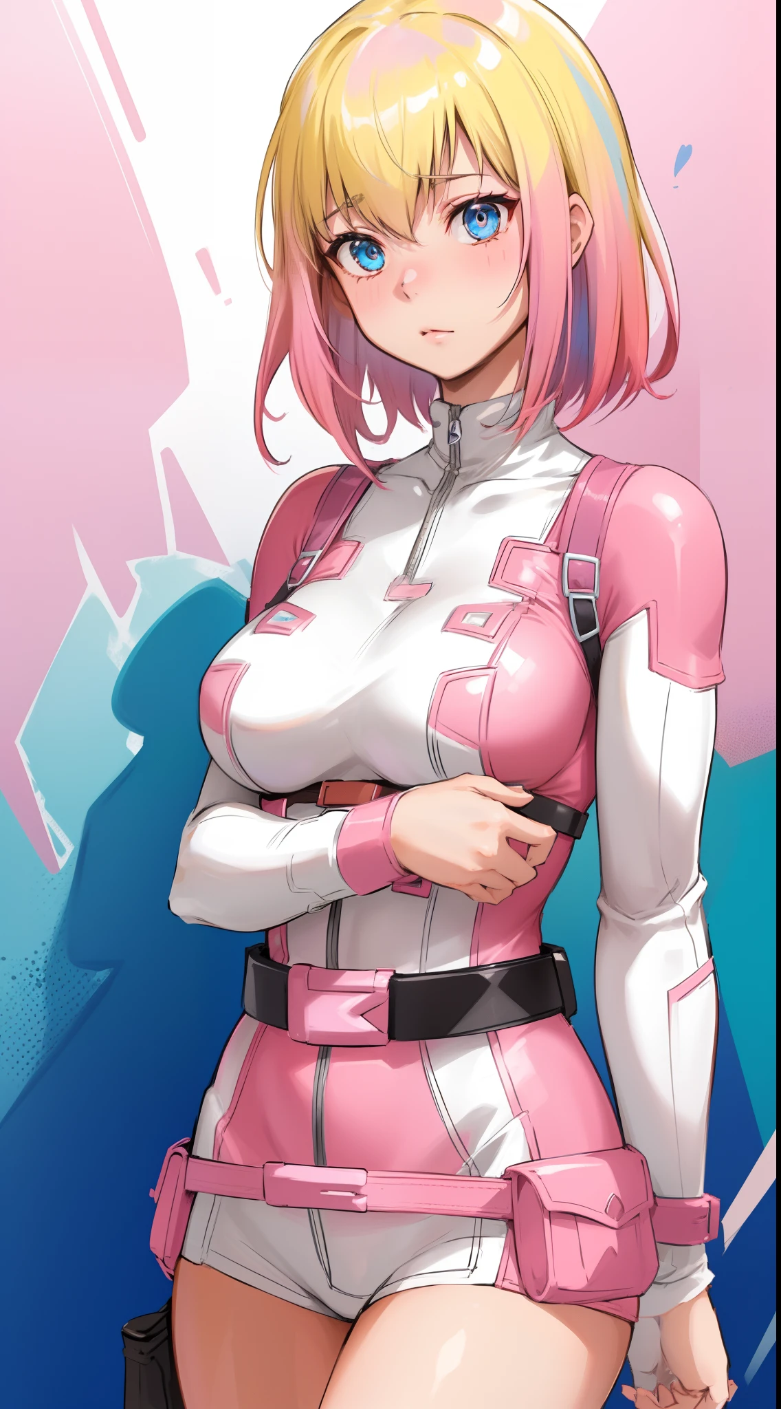 gwenpool, 1girl, blonde hair, multicolored hair, solo, blue eyes, short hair, gradient hair, belt, two-tone hair, pink hair, breasts.