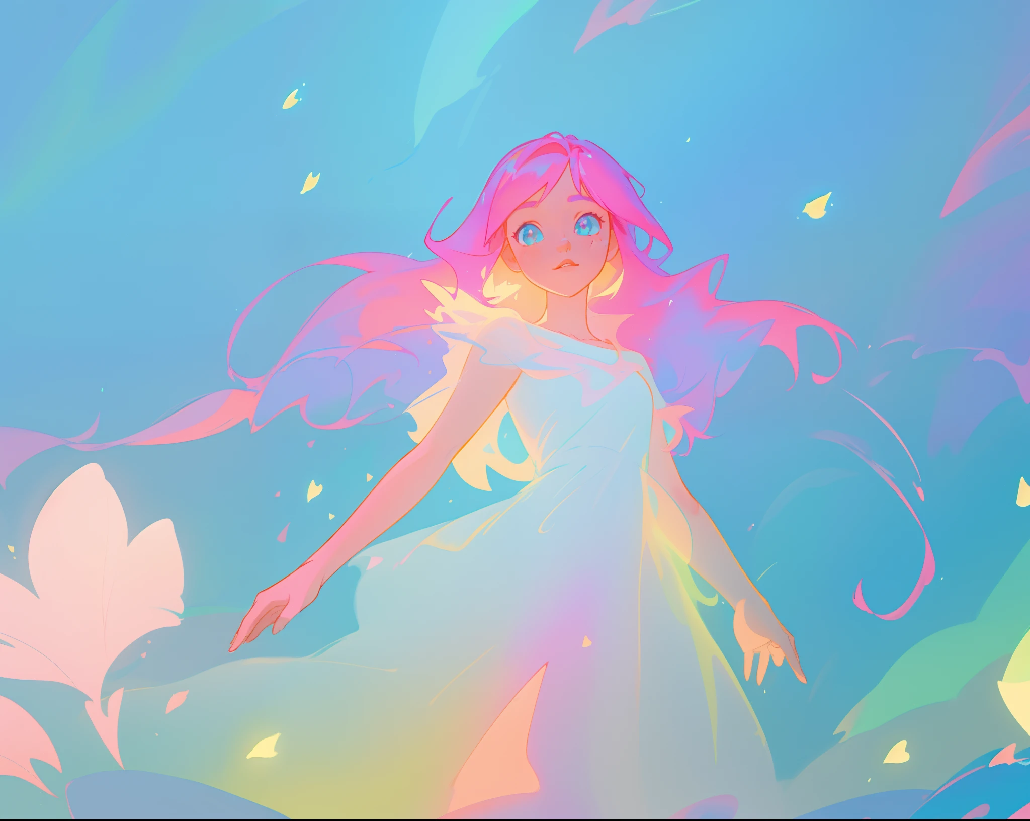 beautiful girl in flowing white dress, vibrant pastel colors, (colorful), magical lights, long flowing colorful pink hair, otherworldly aqua and blue landscape background, inspired by Glen Keane, inspired by Lois van Baarle, disney art style, by Lois van Baarle, glowing aura around her, by Glen Keane, jen bartel, glowing lights! digital painting, flowing glowing hair, glowing flowing hair, beautiful digital illustration, fantasia background, whimsical, magical, fantasy, beautiful face, ((masterpiece, best quality)), intricate details, highly detailed, sharp focus, 8k resolution, sparkling detailed eyes, liquid watercolor