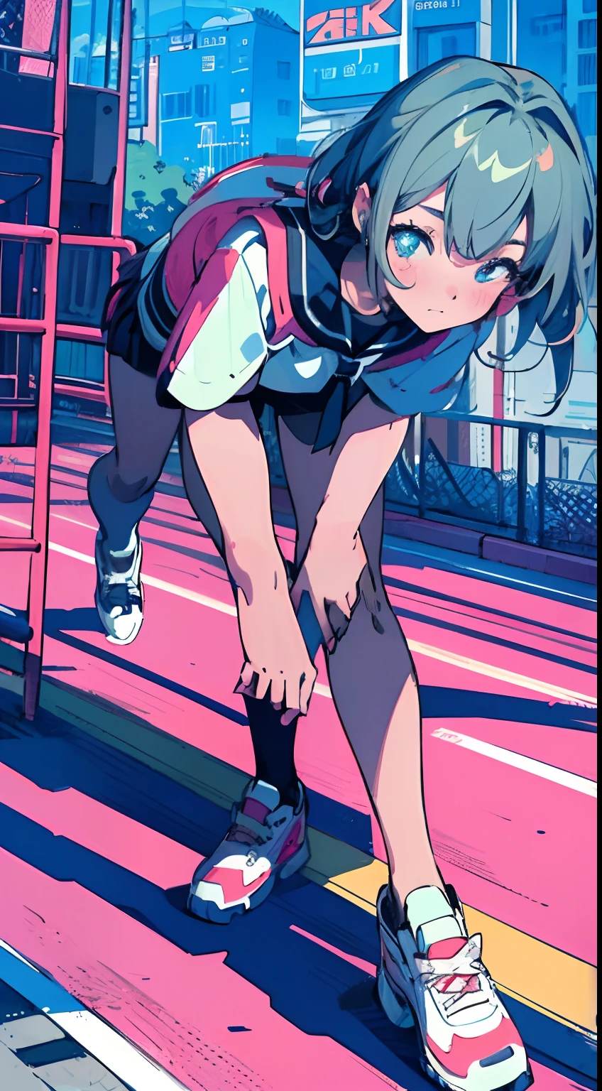 best qualtiy, 4k wallpaper, tmasterpiece, the Extremely Detailed CG Unity 8K Wallpapers, Extremely detailed eyes, ultra - detailed, Complicated details, 1girl, retro artstyle, neon_Pop art style, public,school ground,playground,sport