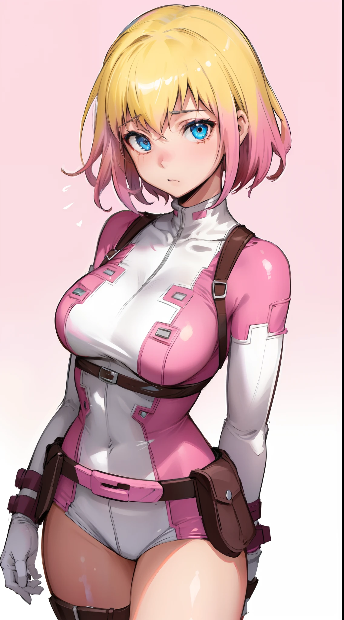 gwenpool, 1girl, blonde hair, multicolored hair, solo, blue eyes, short hair, gradient hair, belt, two-tone hair, pink hair, breasts.