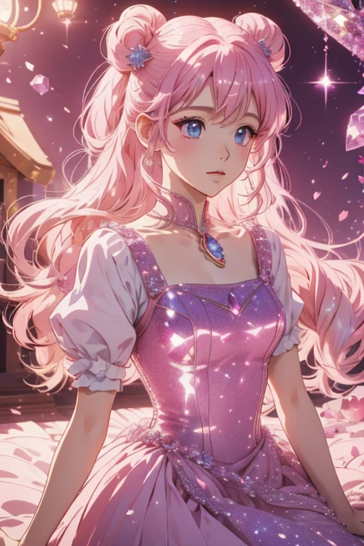 anime style; 3d; glitter; horoscope sign Virgo; color pink; Virgin details; ♍ symbol; rose quartz stone;