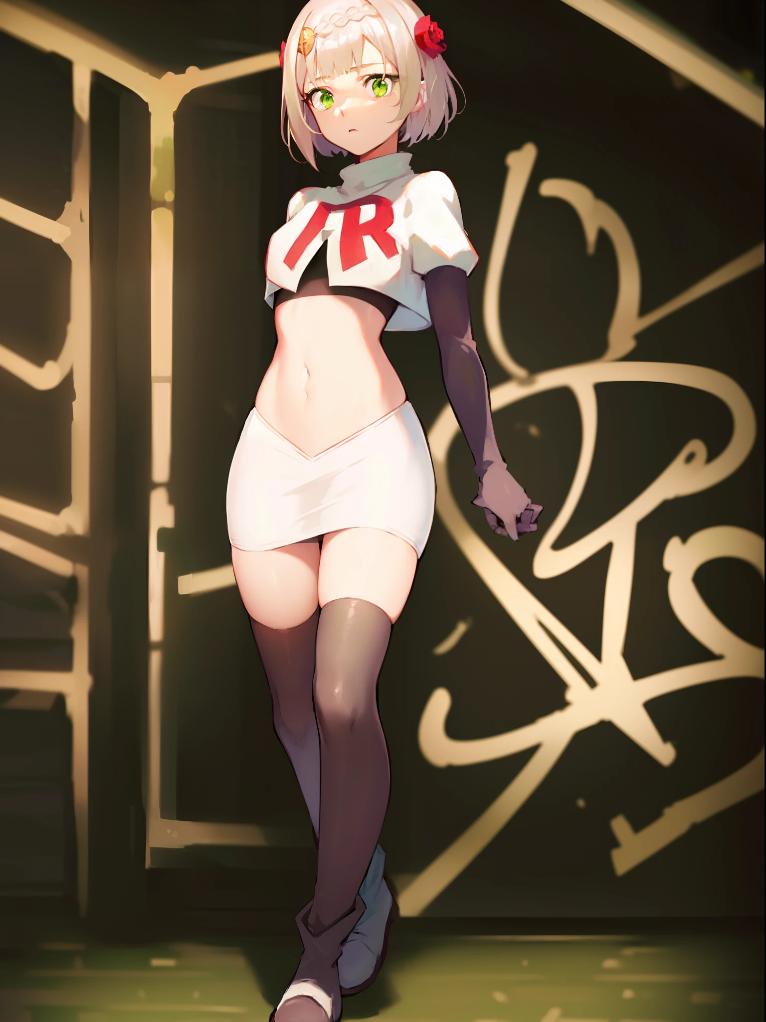 micaiah fe, short bob hair, black hair, blue eyes, fair skin, small breasts, glossy lips ,team rocket uniform, red letter R, white skirt, white crop top, black thigh-high boots, black elbow gloves, serious face, kneeling down, legs crossed, naked sex, sex view, lots of cum on sex, ((a man behind, vaginal penetration)), full body, night sky background (very sexy body, detailed face, masterpiece, highly detailed, 8k, best quality, vibrant colors, digital art, concept art).