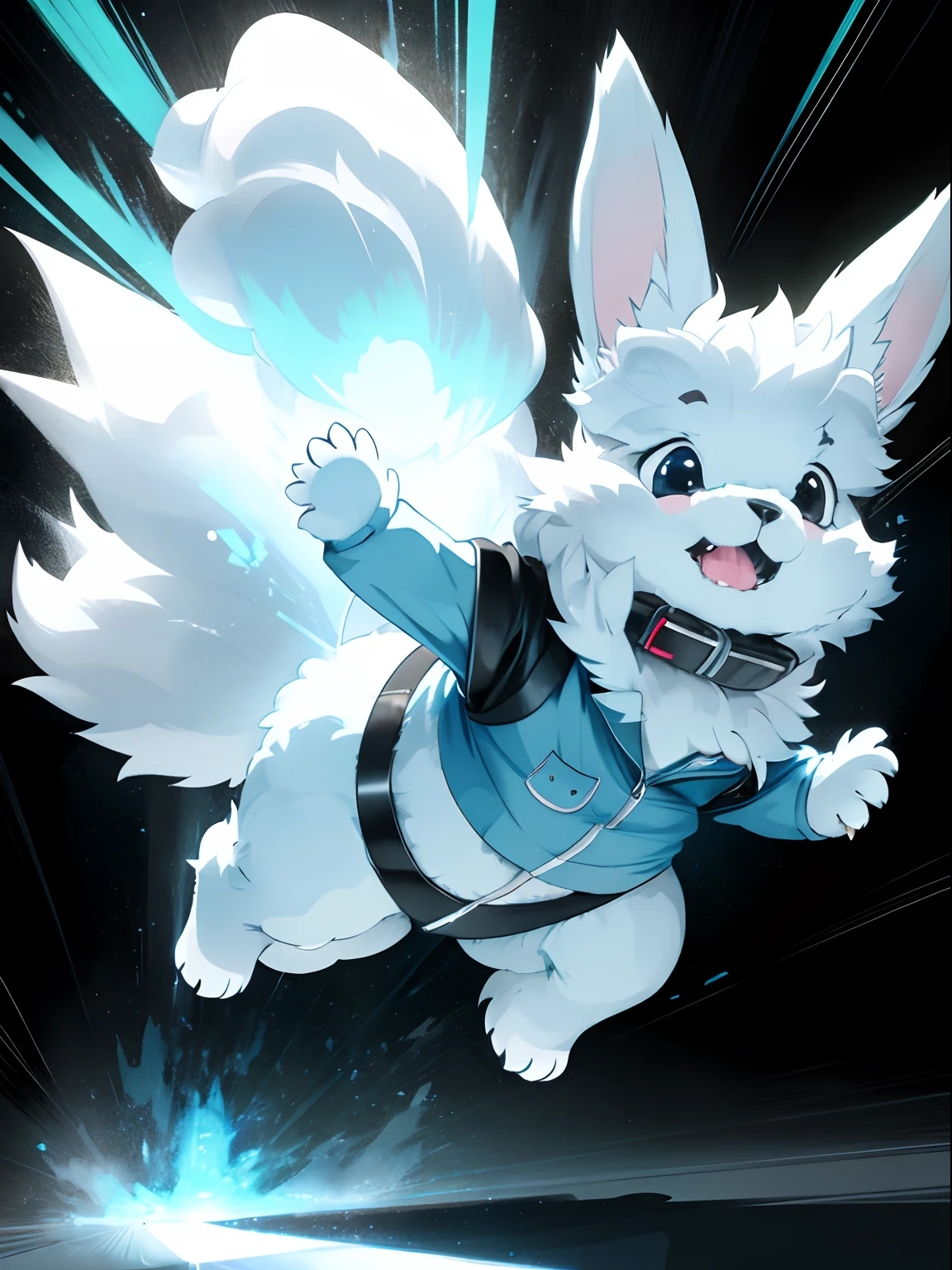 Pitch black background,A light blue but fluffy dog-like creature,Running around energetically,Happily bouncing around and playing,a Dog,lapin