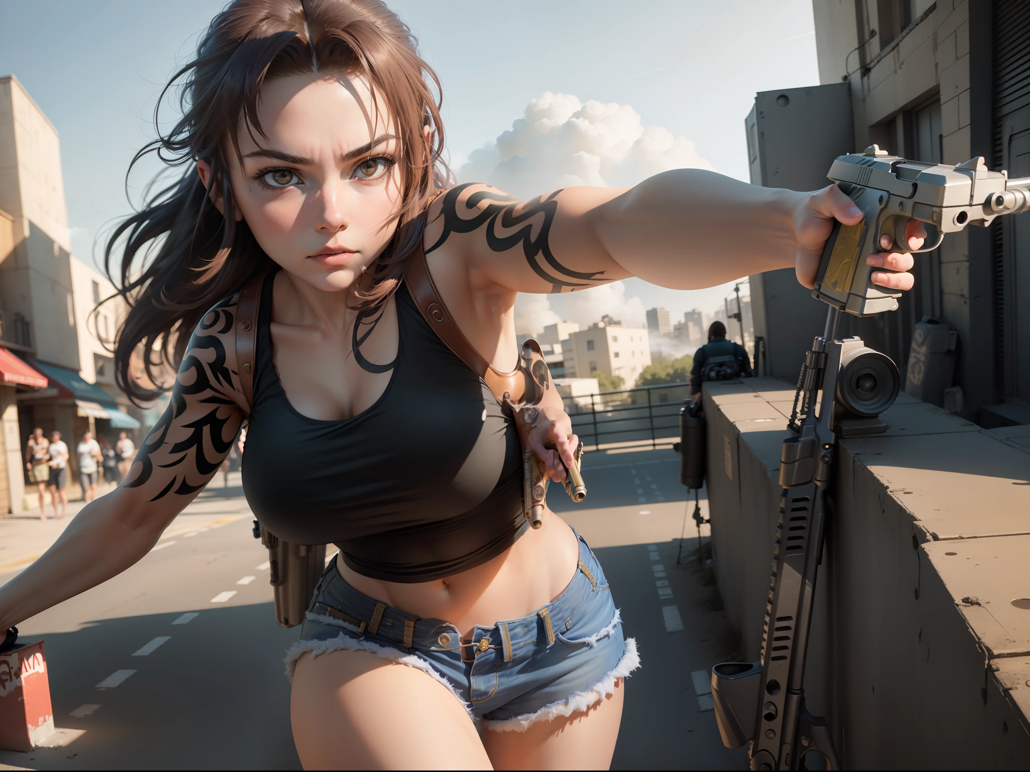 1girl, ((aiming at the viewer with a gun)), black tank top, denim shorts, one pistol, ((holding a handgun)), masterpiece, detailed shadows, detailed light, very detailed, best quality, HD, 4K, high quality, cowboy shot, photography, professional lighting, (((decent looking gun))),detailed city streets background, flash, shooting smoke, brown  hair, brown eyes