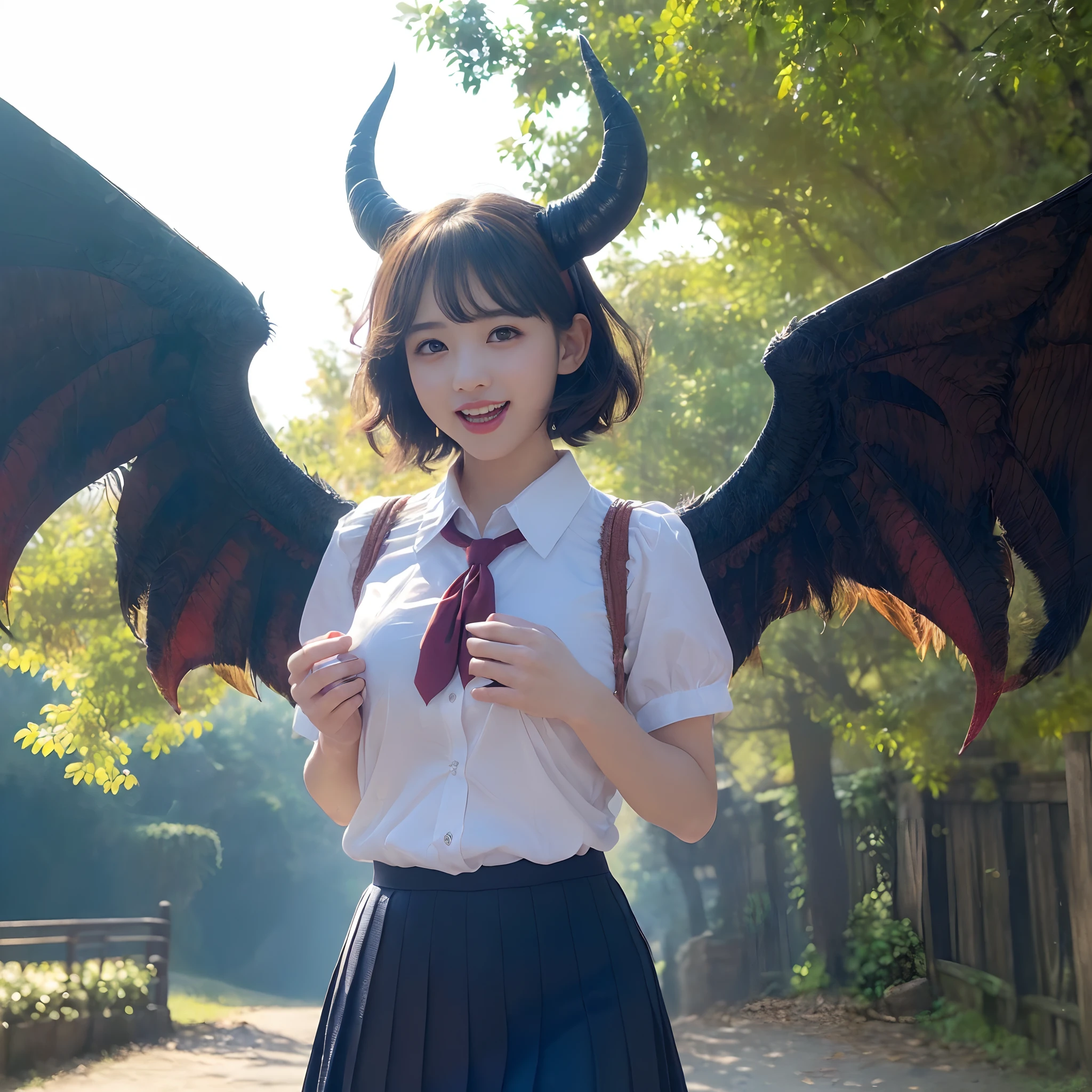 (((masutepiece、top-quality)))((1 girl、White short-sleeved shirt、Red ribbon on chest、Navy skirt、high-school uniform))、((Huge and intricate demon wings,Wings with a very elaborate texture,Wings with a very complex texture,Creature wings with a very realistic texture,Wings with the most exquisite texture、Perfectly reproduces the texture of creepy feathers、Very flaky and detailed wing texture、Wings of a terrifying monster,Terrible and ugly wings、The most terrifying wings、Wings with unimaginably complex textures、The most terrifying and creepy wings、Huge, Lumpy devil's horns、Corners of the most complex textures、Photorealistic Devil's Wings、Photorealistic Devil's Horns、The most terrifying devil's wings、Unimaginably terrifying wings、Big Devil's Horn,Realistic and big horns,Very complex and terrifying demon horns、Creepy horns,Horn with a very elaborate texture、Terrible and ugly horns、((The background is the route to school、Walking along the school route surrounded by nature、Walking on the way to school))、8K,An ultra-high picture quality,The most beautiful idol faces,The biggest smile staring at the camera、Happy smiling face、Pregnant、美丽的面容、Beautiful teeth、natural make up、Natural bright lighting、short-hair、waved hair、Super Detail Wing、spectacular movie lighting、A slender、Emphasis on chest bulge、bulky, Complex wings