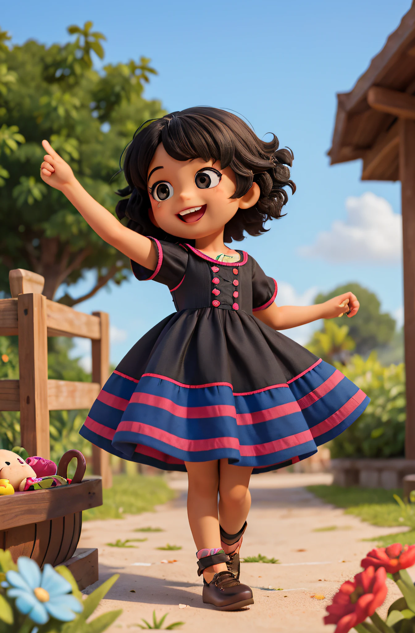 pequena joven exploradora fazendo varias poses e sorrindo , Etnia Negra , Children's book illustration style, She's cute and she's 8 , her hair is black and VERY curly, The skin tone is dark black and she is wearing a shawted dress with red and blue stripes