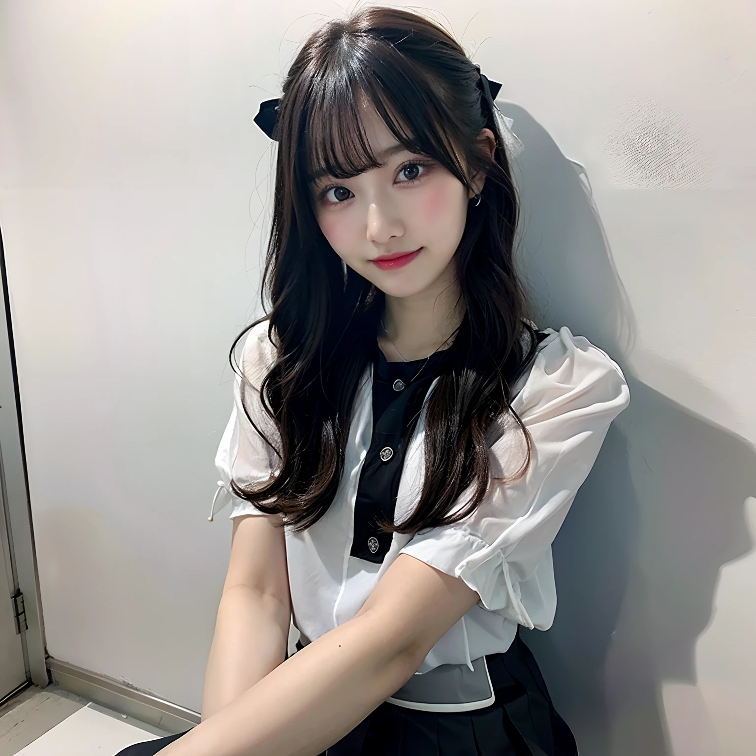 hight resolution,masutepiece,Best Quality,Extremely detailed, hyper realisitic, girl with,sitting, hair wavy, a smile, black pleats skirt,black shoes, white See-through shirt, Very beautiful,cute, 8K Wallpaper, Fine detail, Very detailed 8k wallpape