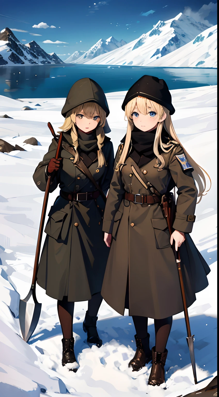 trench warfare, WW1, {{2 girls}}, blond, in snow mountain, fjord, ushanka, winter coat, BDU, 1 girl holding civil engineering shovel, (best quality, perfect quality), high resolution, looking afar