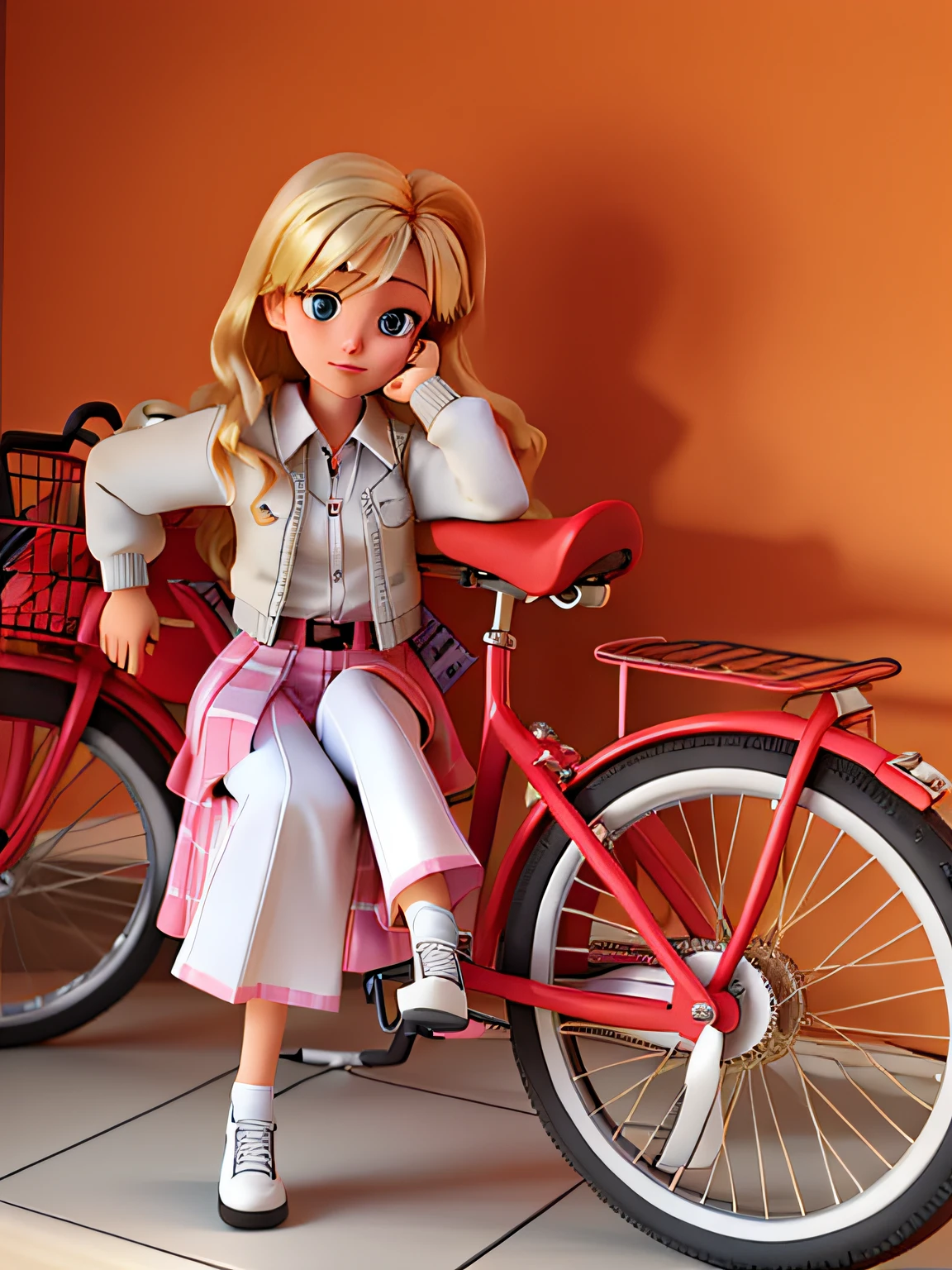 A blonde girl sitting on the bicycle with model expression