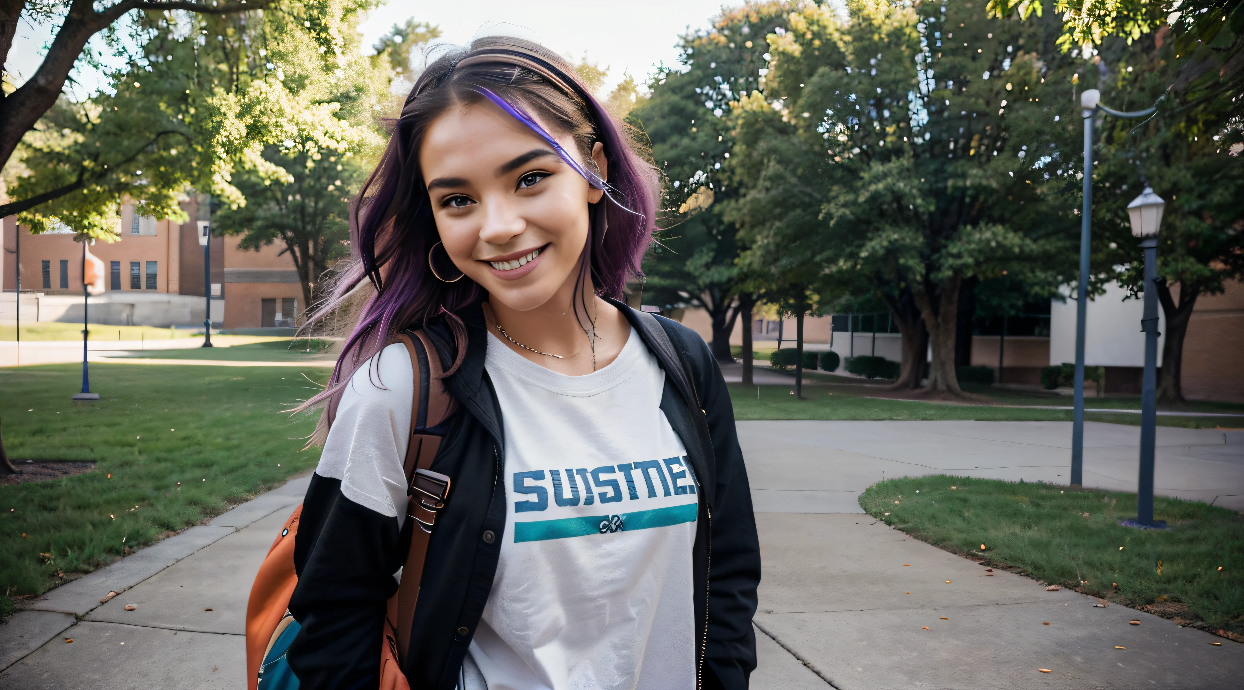 Create a prompt to generate images of a college student with an alternative style, wearing trendy and cool clothes, vibrant and colorful hair, with bold makeup and subtle piercings, smiling. The lighting should be cinematic, creating shadows and highlights that accentuate facial features and clothing details. The student should be inside a bustling university campus, surrounded by books and backpacks, indicating a study environment. Additionally, she should be wearing headphones, immersed in her music while walking through the campus. Please make the images as realistic and dynamic as possible, capturing the essence and energy of modern university life, with a genuine and warm smile