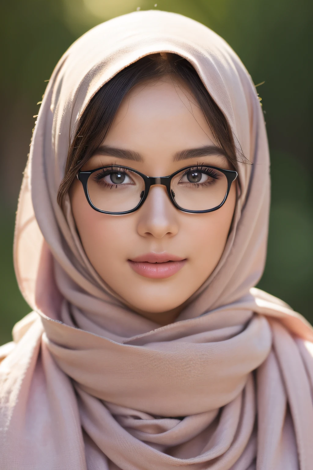 (Best Quality,hight resolution,Ultra-detailed,Realistic:1.37),top-quality、ultra-detailliert、8k photo、Vivid colors,Bokeh,Professional,Upper body photography,a portrait photo of,square glasses,Beautiful detailed eyes,Beautiful detailed lips,Covered her face with a scarf,Fashionable girls in hijab,Garden background,morning sunlight,peaceful ambiance