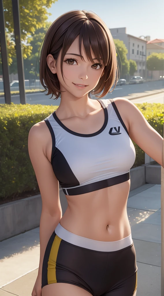 ((realistic: 1.5)),((best quality)), ((masterpiece)),((detailed)), Photo raw, 8k, hdr, a Brazilian woman, brown eyes, brown hair, slim fit body, small breasts, runner clothes, white skin, beautiful smile
