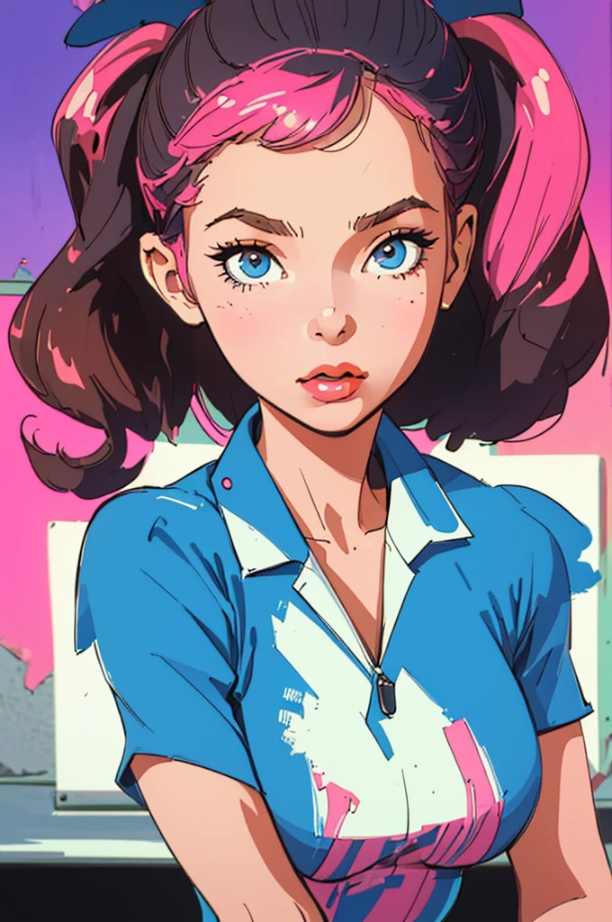 (best quality, masterpiece), 1girl, 1980s \(style\), looking at viewer, pinup \(style\), upper body,