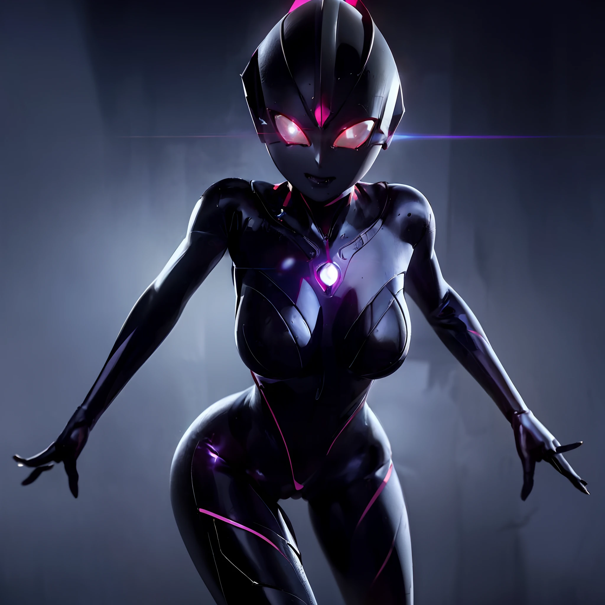 Ultraman Woman, （High quality）（The sheen）Covering her naked face with a black mask, Female Solo, Alien eyes shine。The whole body is covered with a black bodysuit, One female protagonist, Pink lines all over the body, Dark background,