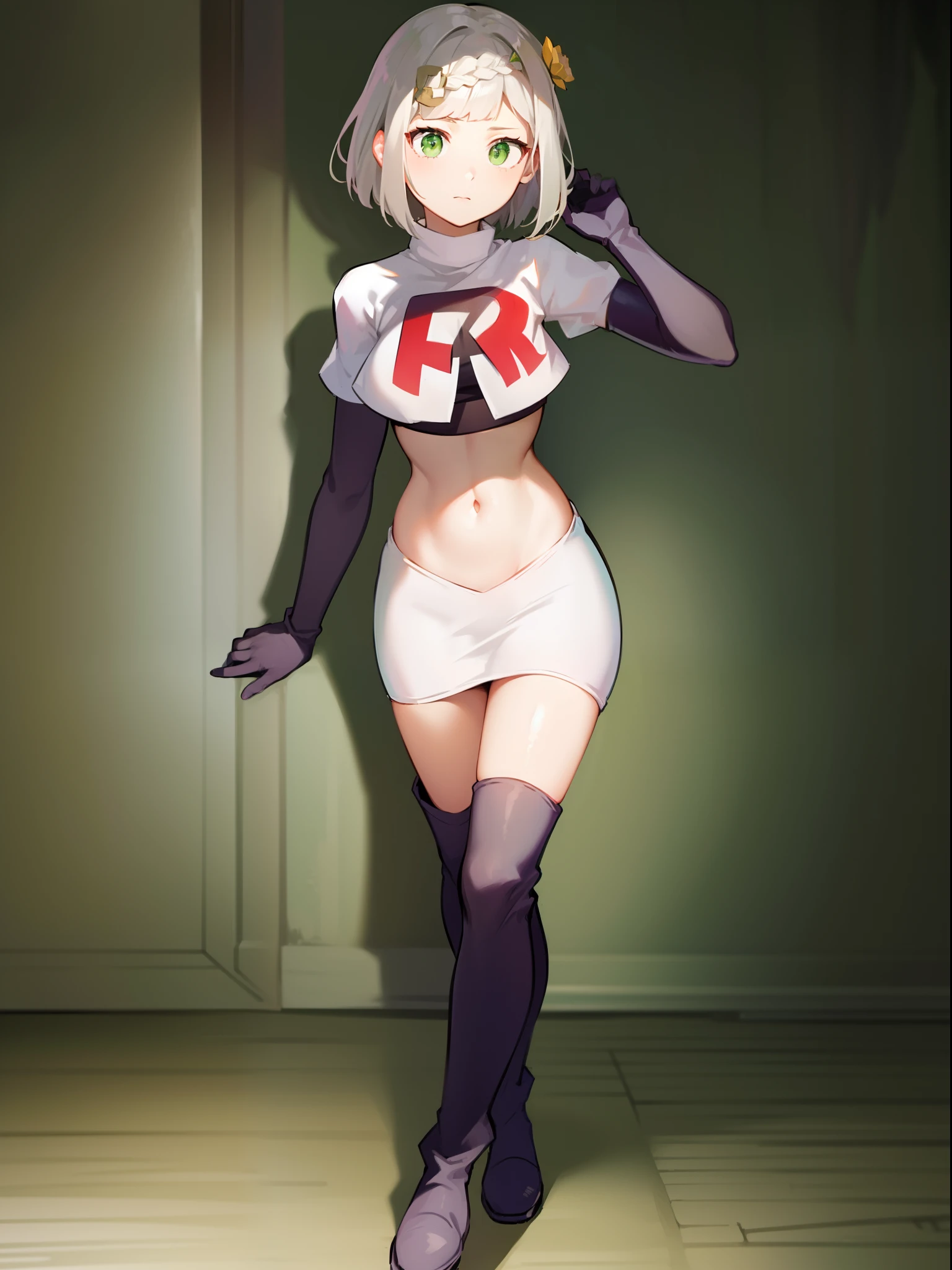 2b, 2b, (black blindfold:1.5), black hairband, blindfold, hairband, short hair, white hair,
BREAK hairband, robot, team rocket,team rocket uniform, red letter R, white skirt,white crop top,black thigh-highs,black elbow gloves,
BREAK looking at viewer,
BREAK (masterpiece:1.2), best quality, high resolution, unity 8k wallpaper, (illustration:0.8), (beautiful detailed eyes:1.6), extremely detailed face, perfect lighting, extremely detailed CG, (perfect hands, perfect anatomy),