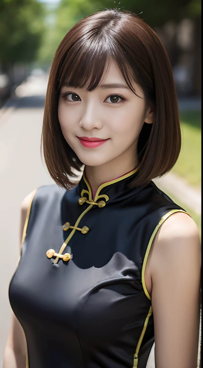 (top-quality、超A high resolution、​masterpiece:1.3), Midhair with bangs, Detailed moisturized eyes, Textured skin, Best Quality, in 8K, blurry backround, (Colossal tits, long legged, Legs exposed through slits), Natural Color Lip, ssmile, Woman with perfect style, You're in a high-traffic area, (Girl in cheongsam that is knee-deep:1.2), Facing the front, Looking at the camera