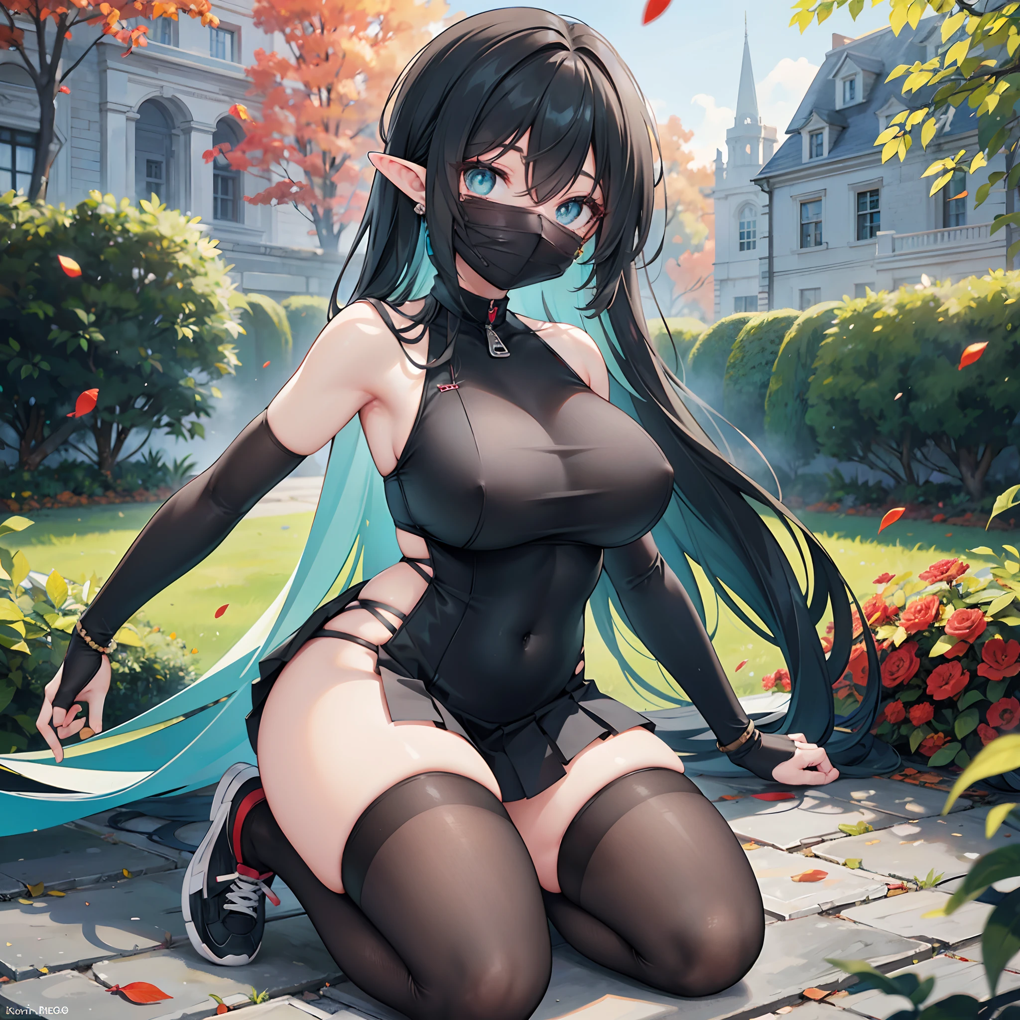 Realistic and detailed image of an elf. with a ninja costume with pleated miniskirt. stockings to mid-thigh. Sportwear sneakers. Unusually shiny long silky black hair combed to the right side. turquoise eyes. She has earrings and long eyelashes. Large breasts, slim waist, very wide hips and thick thighs. Back arched. Kneeling. Posing sensually. Autumn. falling leaves. misty night. garden next to a mansion. Volumetric light. Ambient light.