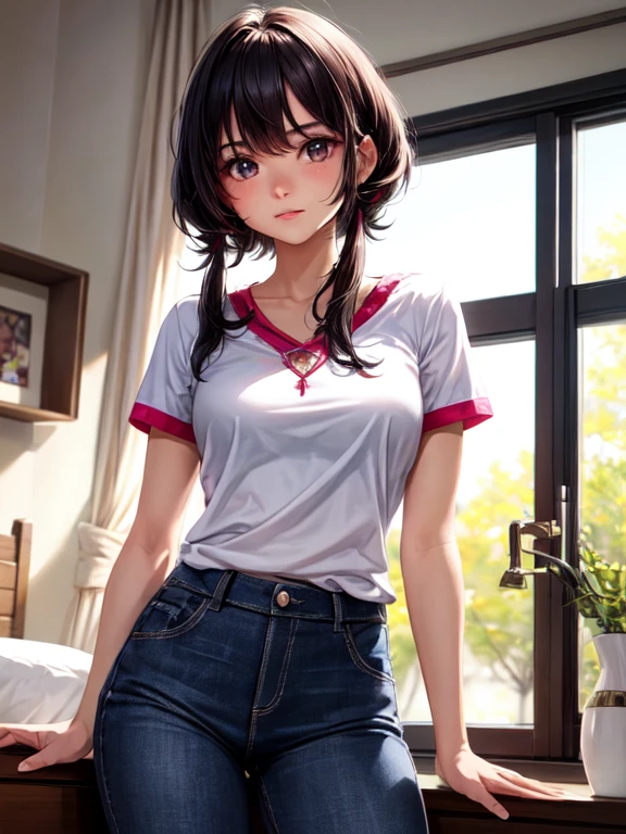 masterpiece, high quality, Small breasts, One Girl, Are standing, stop temporarily, stop temporarily, Gym suit, shorts, Bloomers, whole body, shirt, yellow eyes, Realistic, braids, messy long hair, cat eyes, long eyelashes