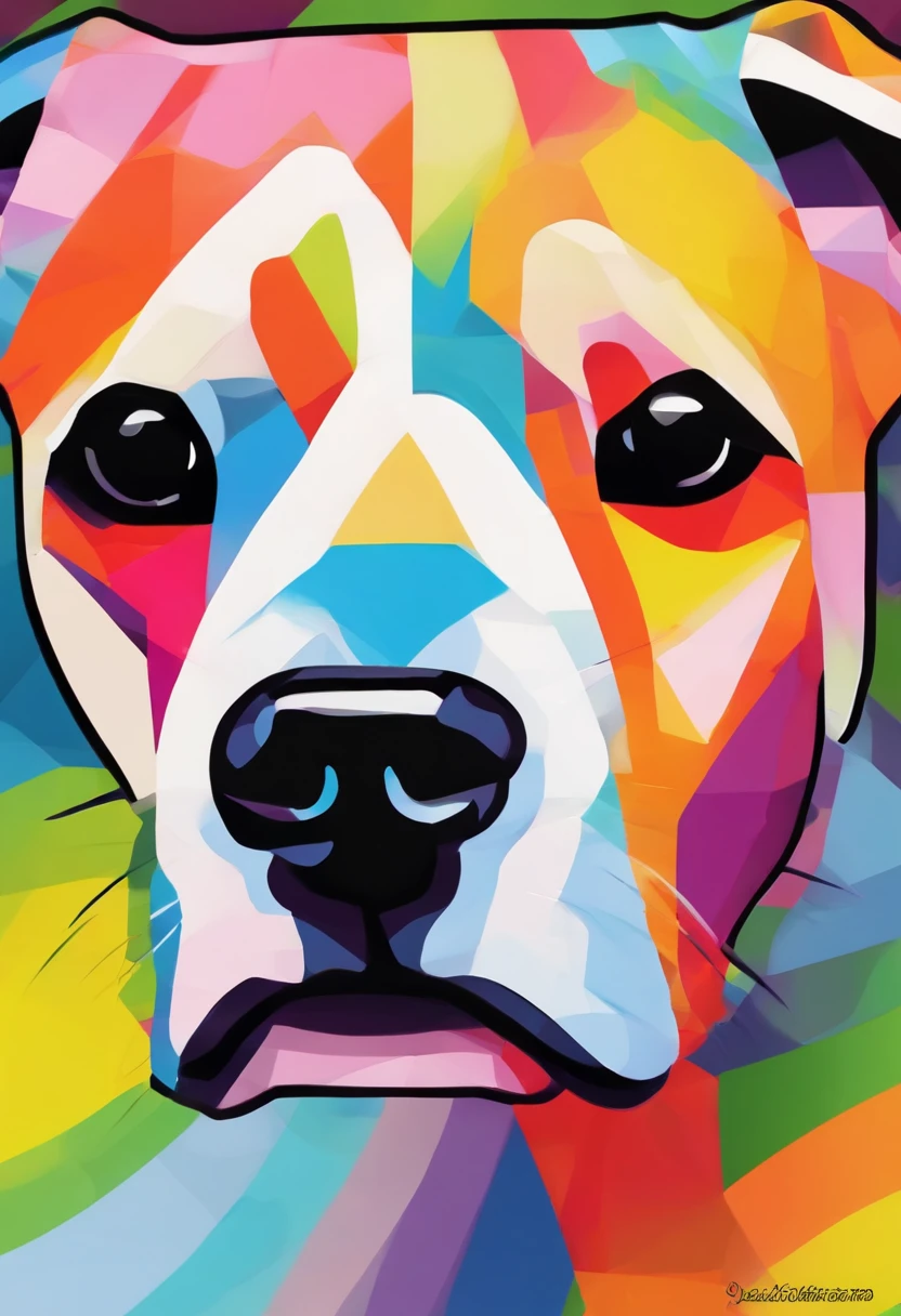 grafismo, diverse and playful geometric figures, Rainbow, romero britto, cachorro bull dog head, juba bem detalhada ((fundo branco)), olhos penetrantes, cachorro colorido, abstrato, epic instagram, art-station, toque de estilo splash de tinta colorida+, contorno, hiperdetalhado intricadamente detalhado, genial, detalhes intrincados, tela inicial, cores complementares, conceito realista abstrato romero britto de arte, 8K, obra-prima do deviantart, oil-painting, pinceladas pesadas, pingos de tinta, artes de salpicos.