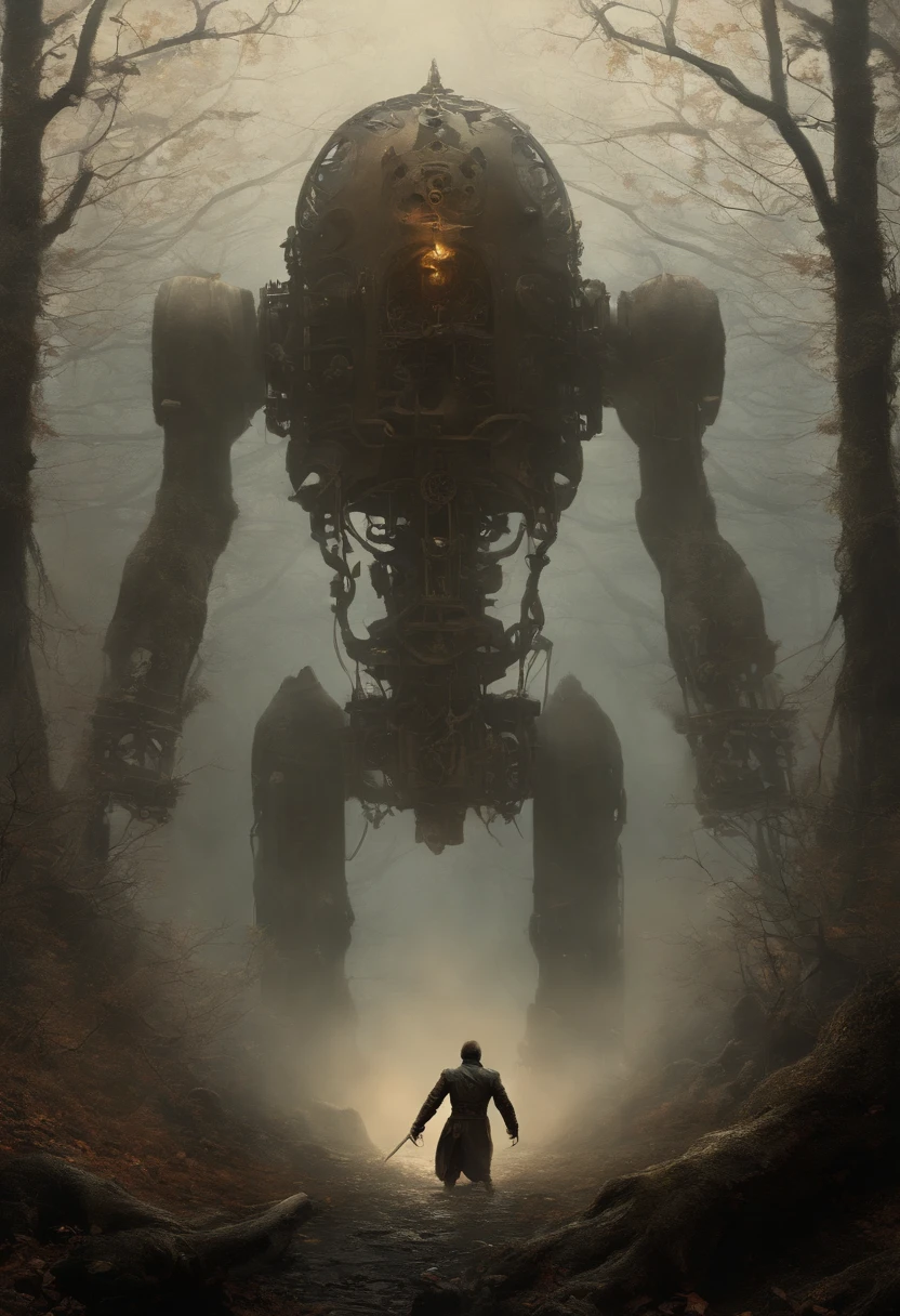 A man with a clockwork body is screaming and crying in agony. His body is made of gears and metal. He is surrounded by other clockwork creatures, some of them are attacking him. The scene is set in a dark and ominous forest. The style is inspired by the Dutch painter Pieter de Grebber and the Japanese animation studio Ufotable. The artist Zdzislaw Beksinski is also referenced for inspiration.
