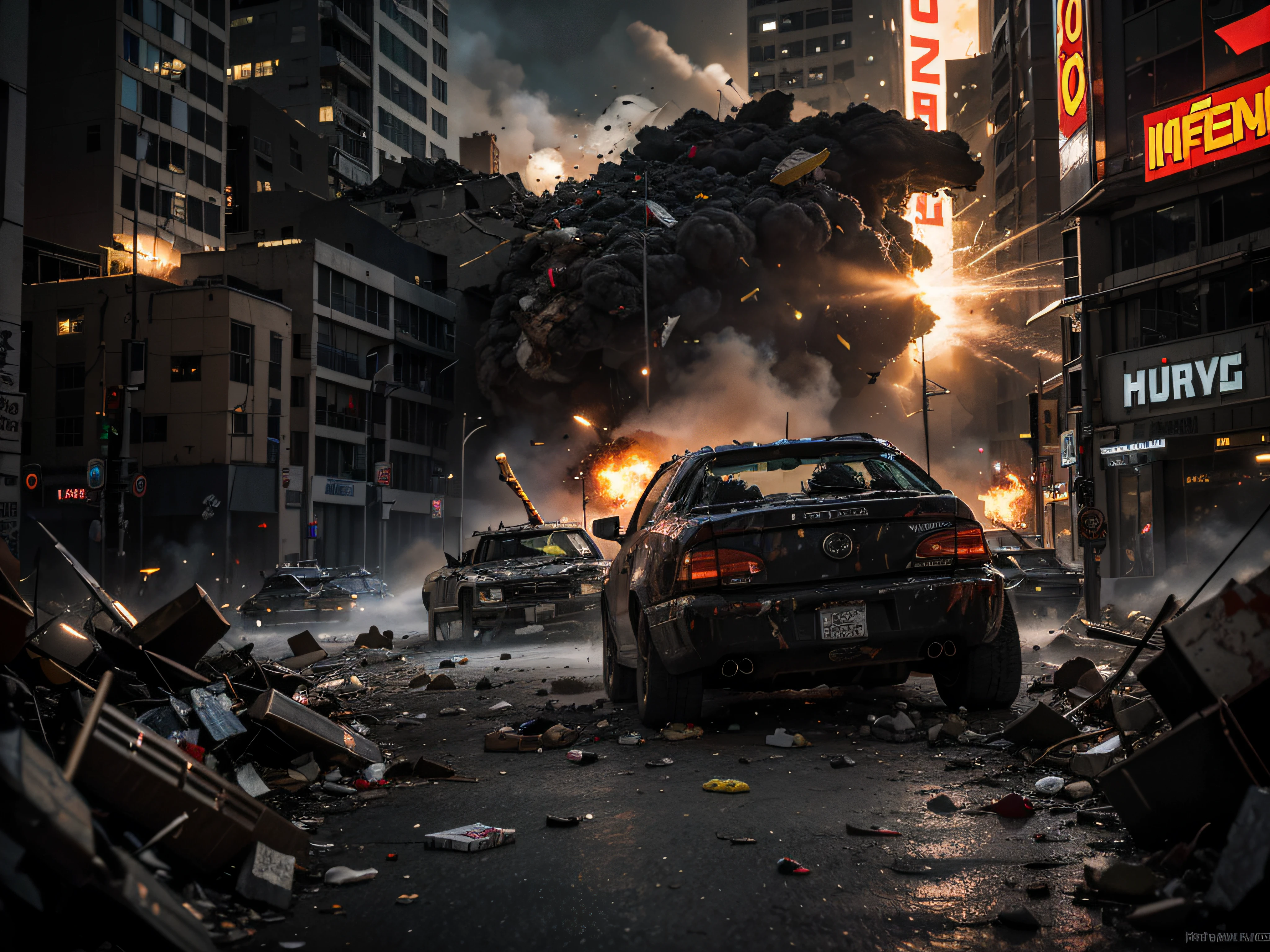 (dead alien on the ground), Extra-terrestrial fallen to dead ground), Dead alien on the ground in the foreground, Foco no E.T. dead on the ground, Image of former soldiers fighting alien forces in crowded city, explosions and shrapnel of stones everywhere, Dilapidated buildings, car wrecks, carros pegando fogo, giant arachnids, Helicopters in the skies, mulheres correndo, Corpses on sidewalks