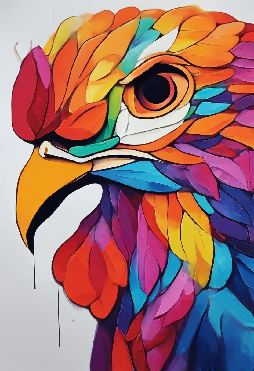 grafismo, diverse and playful geometric figures, Rainbow, romero britto, A chicken from the Brazilian northeastern hinterland, galinha animal head, juba bem detalhada ((fundo branco)), olhos penetrantes, Colorful and cheerful chicken animal, abstrato, epic instagram, art-station, toque de estilo splash de tinta colorida+, contorno, hiperdetalhado intricadamente detalhado, genial, detalhes intrincados, tela inicial, cores complementares, conceito realista abstrato romero britto de arte, 8K, obra-prima do deviantart, oil-painting, pinceladas pesadas, pingos de tinta, artes de salpicos.