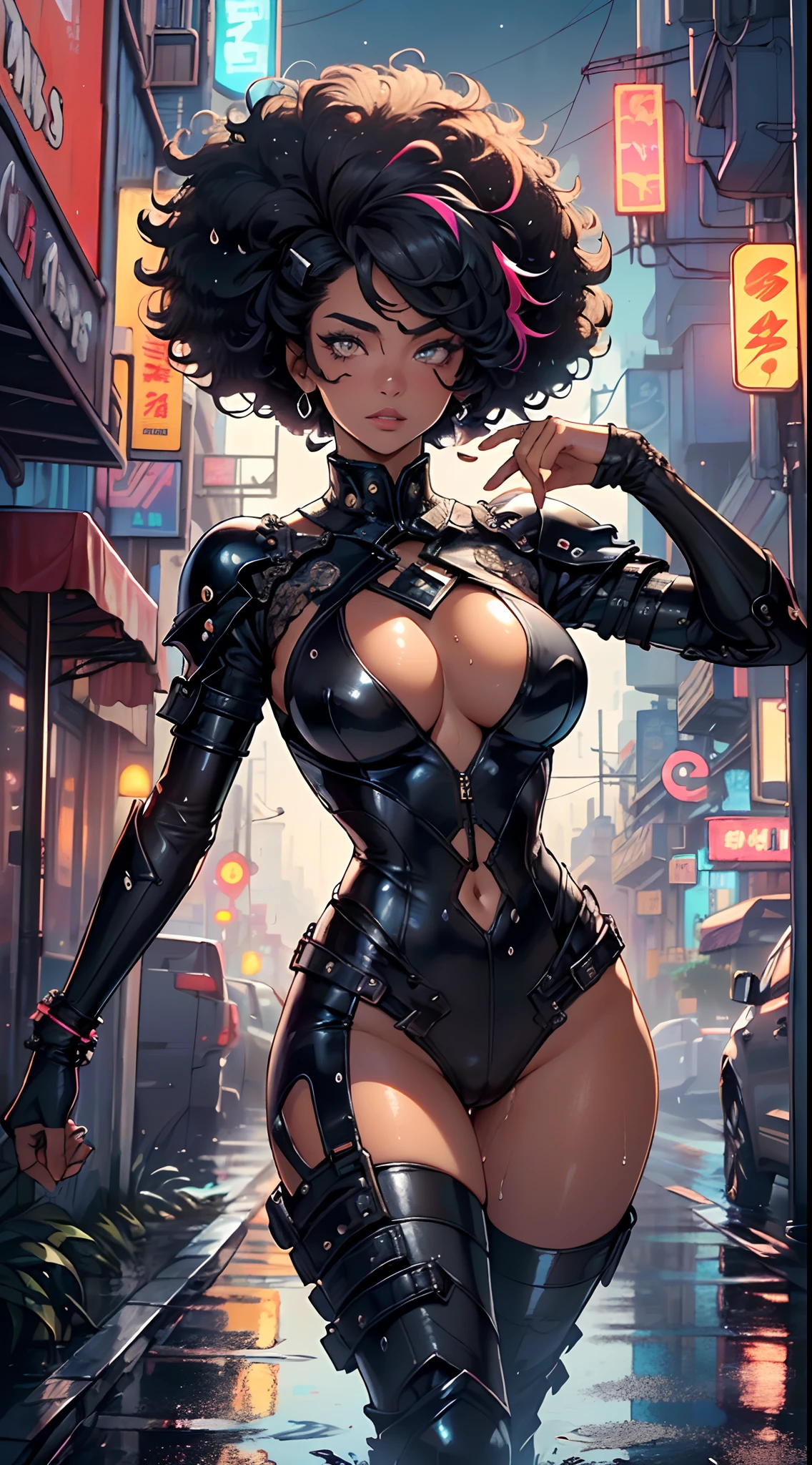 girl spacepunk,(((1girl))),((cute and beautiful afro haired girl)),((((black race)))),
(large breasts:1.4),saggy breasts,((((black afro hair:1.35,((afro hair:1.35)),afrohair,afro:1.35,dark hair,black hair,)))),medium hair,((heterochromia:1.5, (yellow_eye and red_eye))),symmetrical eyes,((fat)),((((tan,dark skin,black skin:1.35,dark-skinned_female,dark skin:1.3,ebony skin,lustrous skin:1.5,bright skin: 1.5,shiny skin,very shiny skin,shiny body,illuminated skin,wet legs)))),(spider lower abdomen,narrow waist,wide hip,athletic body,inflated legs),((detailed face)),((perfect feminine face)),
cute,slutty,sensual,seductive look,seductive,erotic,enchanting,((nsfw)),
zettai ryouiki,revealing clothing,show skin,(wearing a mechanical space body armor:1.3,micro armor bikini,bare legs,an armored arm),(((wet clothes,intricate outfit,intricate clothes))),
(dynamic pose:1.0),solo focus,embarrassed,(centered,scale to fit dimensions,Rule of thirds),
cyberpunk city by the ocean at night, with bright neon signs and dark stormy clouds and puddles, scenery:1.25,nighttime, starry night, cosmos,Very dark night that makes the neon lights stand out, very bright neon lights,
artistic photography,(photography taken by sldr),highres, sharp focus,(ultra detailed, extremely detailed), (photorealistic artwork:1.37),(extremely detailed CG unity 8k wallpaper),((synthwave background theme)),(((vibrant colors))),intricate,(intricate background),(masterpiece),(best quality),perfect rendered face,perfect face details,realistic face,photo realistic,analog style,((intricate detail)),(((realism))),