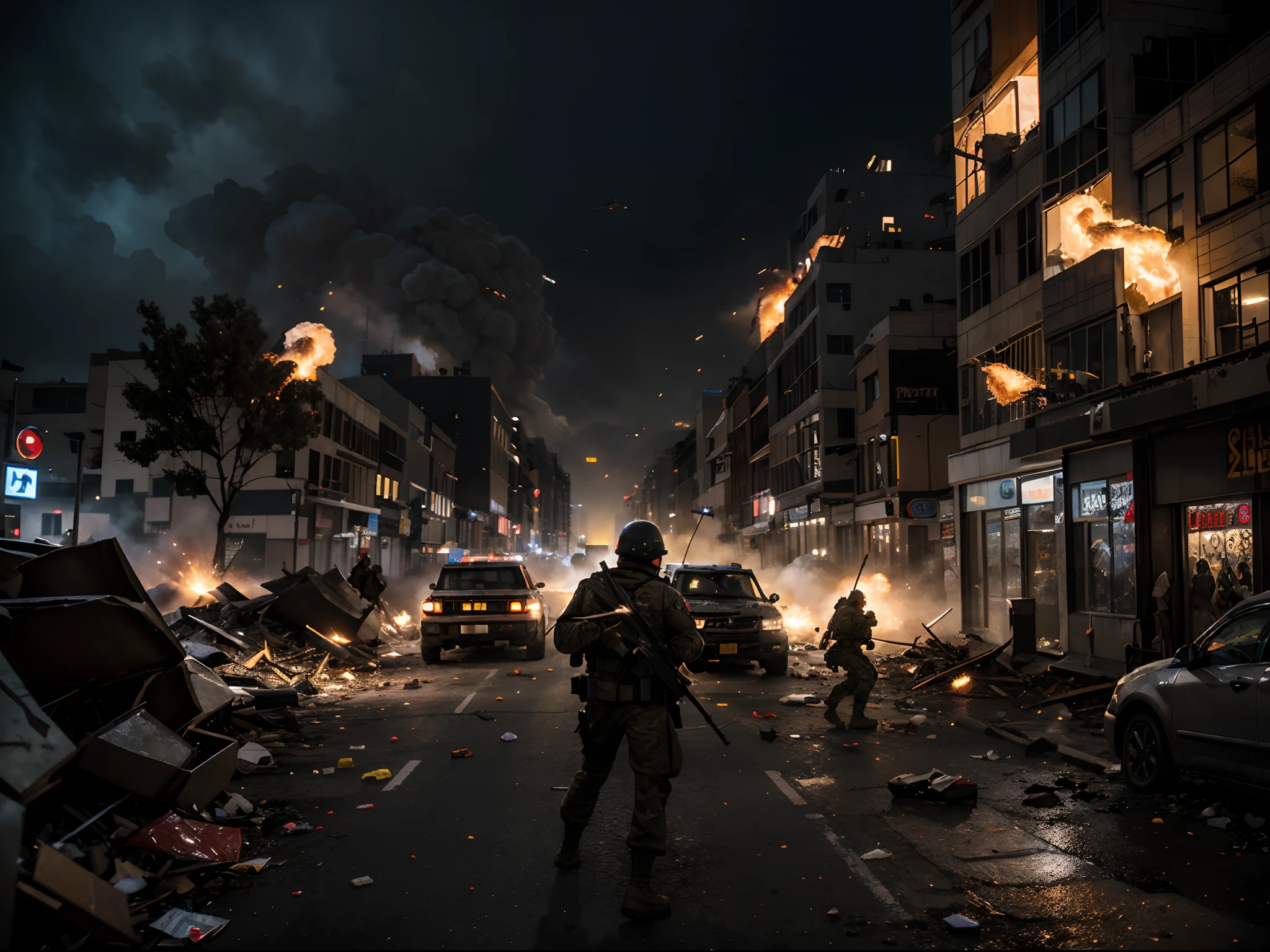 High-resolution 3D scene, epic battle, Los Angeles under attack, giant gummy bears, massive destruction, military defense, explosions, action-packed, intense combat, surreal scenario, cinematic experience, gummy bear invasion, chaos in the city, dramatic lighting, urban warfare, military forces, war zone, heroic fight, gummy bear pieces, colorful carnage, debris falling, action movie scene, adrenaline-pumping, extraordinary event, explosive showdown, incredible visual effects, dynamic composition, apocalyptic atmosphere.