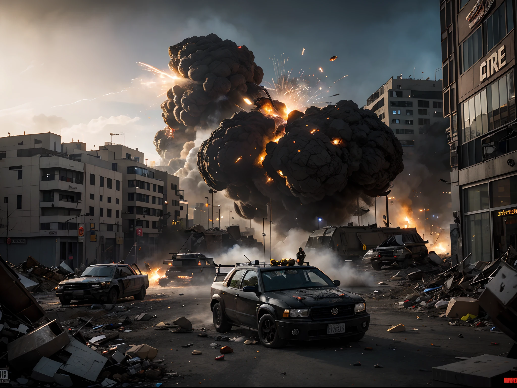 High-resolution 3D scene, epic battle, Los Angeles under attack, giant gummy bears, massive destruction, military defense, explosions, action-packed, intense combat, surreal scenario, cinematic experience, gummy bear invasion, chaos in the city, dramatic lighting, urban warfare, military forces, war zone, heroic fight, gummy bear pieces, colorful carnage, debris falling, action movie scene, adrenaline-pumping, extraordinary event, explosive showdown, incredible visual effects, dynamic composition, apocalyptic atmosphere.