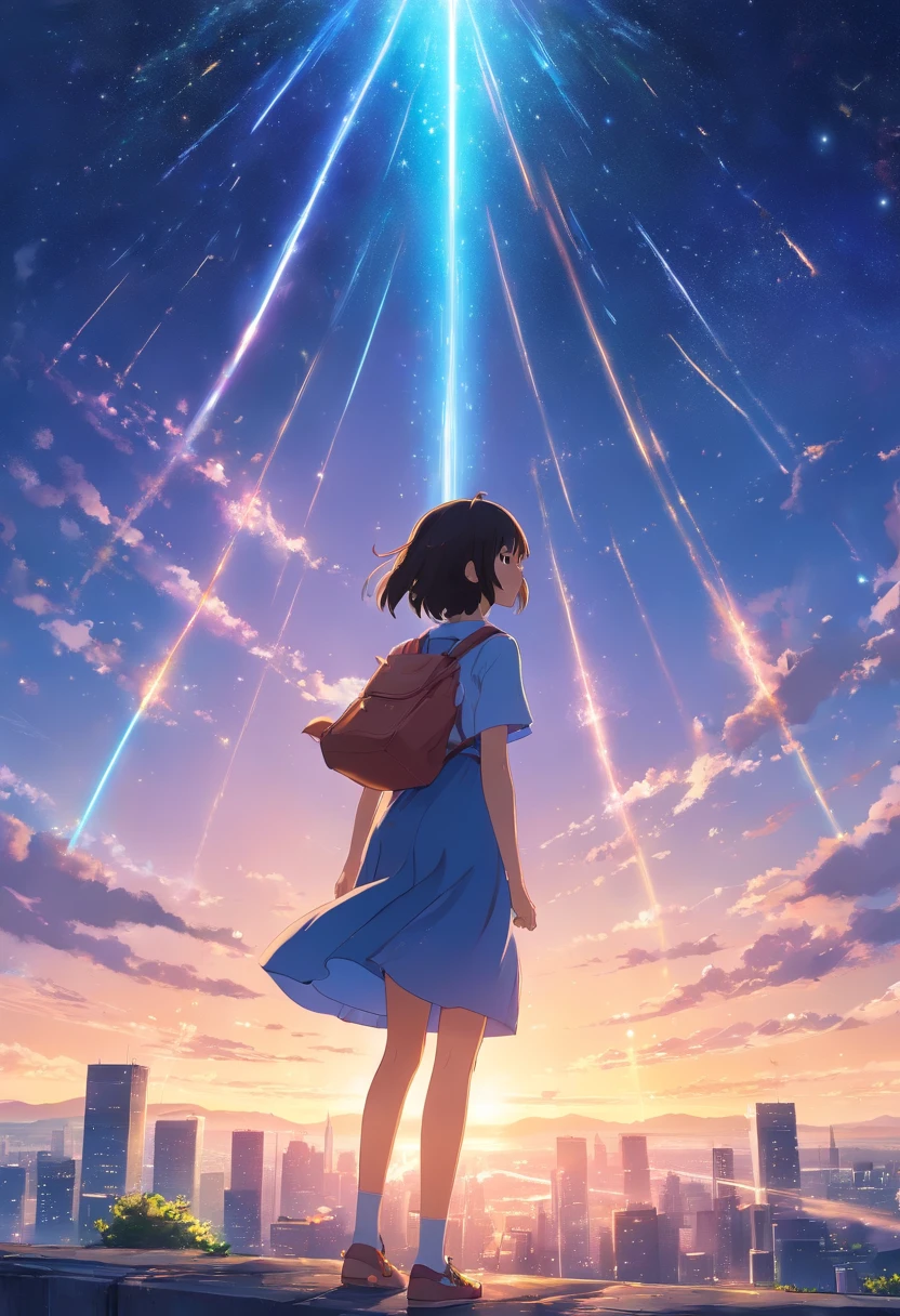 Faraway view、Landscapes、Outrageous resolution、with light glowing、Near Future City、Clear blue sky、Many bright stars々、beautiful light up、clear lighting、Soft lighting、Many bright magic lamps、Stars falling from the sky,Meteor Swarm a schoolgirl