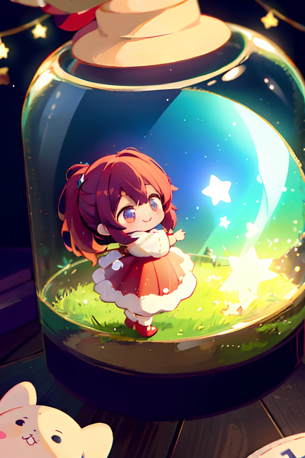 ((top-quality))、 ((​masterpiece))、A chibi doll trapped in a magic jar、Cute girl dressed as Santa Claus and doll present、hoshino　tenderness、A smile、Chibi Doll、Stars in the eyes（kirakira）、Eye Up、Laugh、Cute red shoes、foco nítido, Ultra Detail, radiant light、bio luminescent、Taken from the side、Stronger bokeh effect