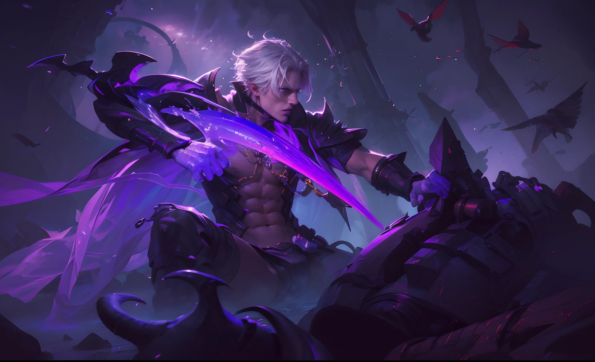 (max resolution: 1.2), (Ultra HDTV: 1.2), 8K resolution, Eye and skin details, detailed facial features, , (Sharp focus: 1.2), (Focus focus) facial expressions: 1.2), 1 Guy, Sitting, White hair, Long hair, exposed chest muscles, 8 pack, (shirtless) shirtless, exposed thighs, ((black briefs)), ((( Water, Seawater)))