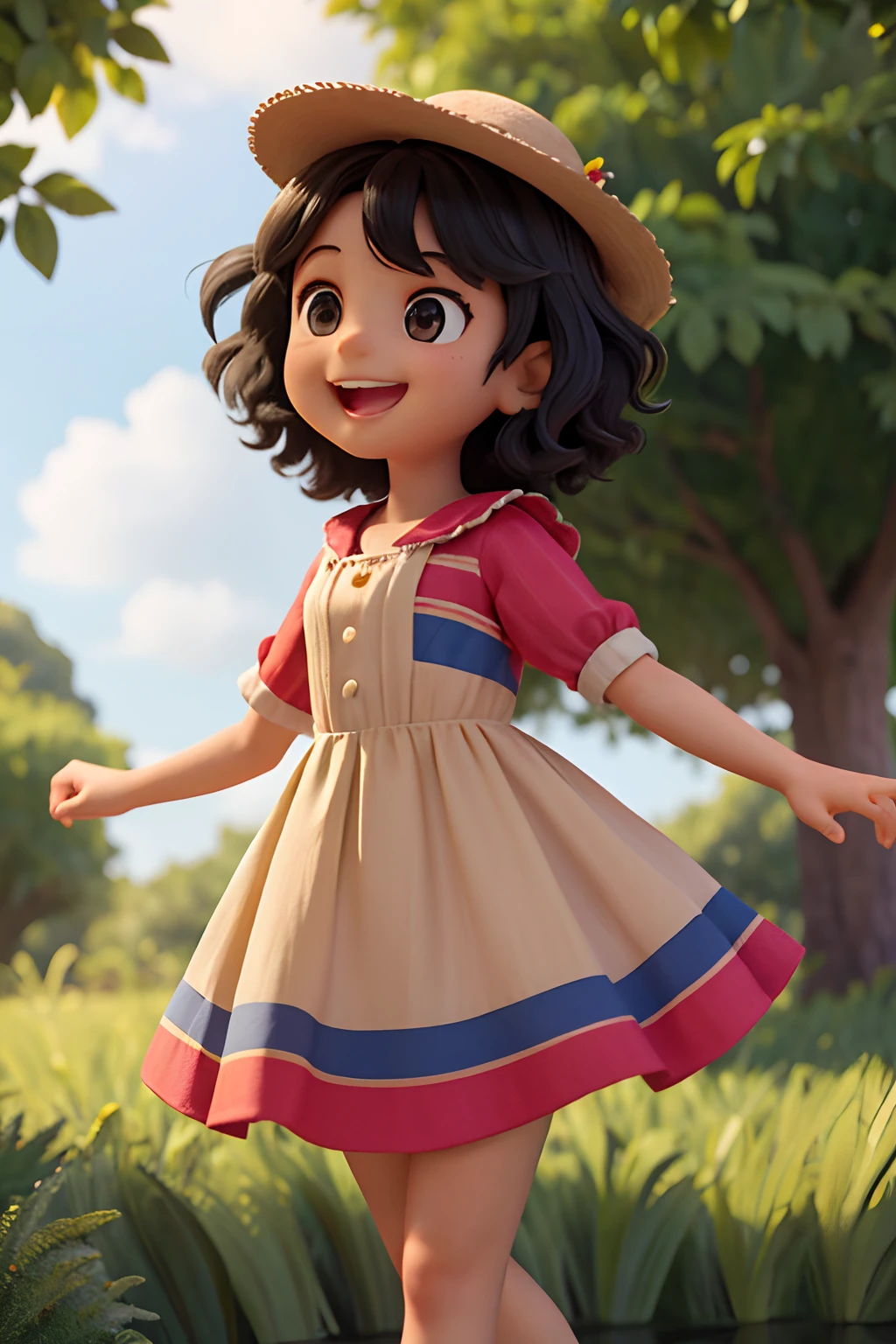pequena joven exploradora fazendo varias poses e sorrindo , Etnia negra , Children's book illustration style, She's cute and she's , her hair is black and VERY curly, The skin tone is dark black and she is wearing a shawted dress with red and blue stripes, a garota esta parada em frente de uma floresta com arvores grandes e verdes