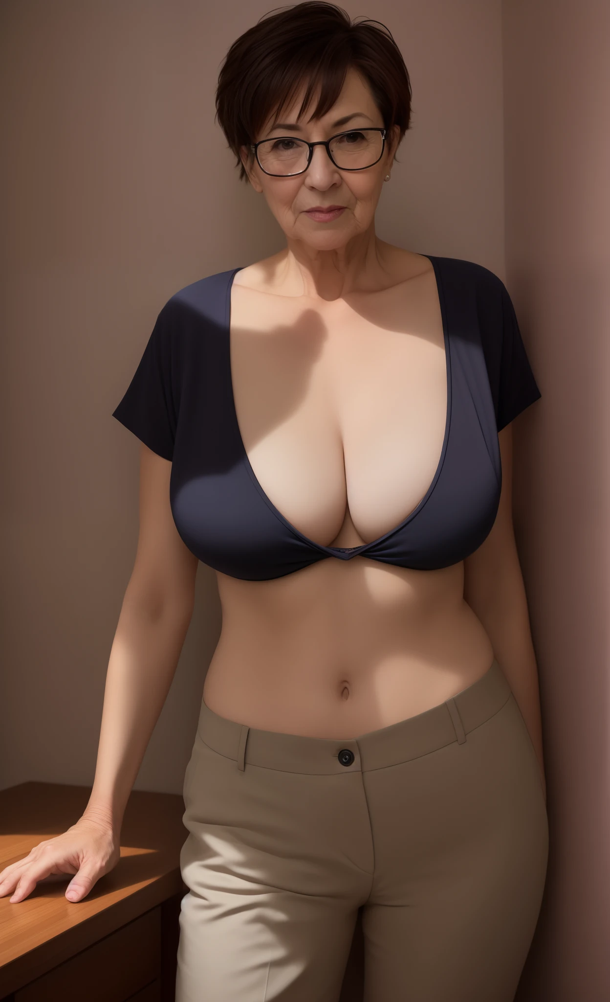 bespectacled elderly older mature master punisher cheeky female executive brazenly in unbuttoned midriff-blouse, deep unglued V-neck, V-chest cleavage, overly low rise sailor pants, very shaved mature woman French haircut with uncovered forehead, deep and drop-shaped big navel!