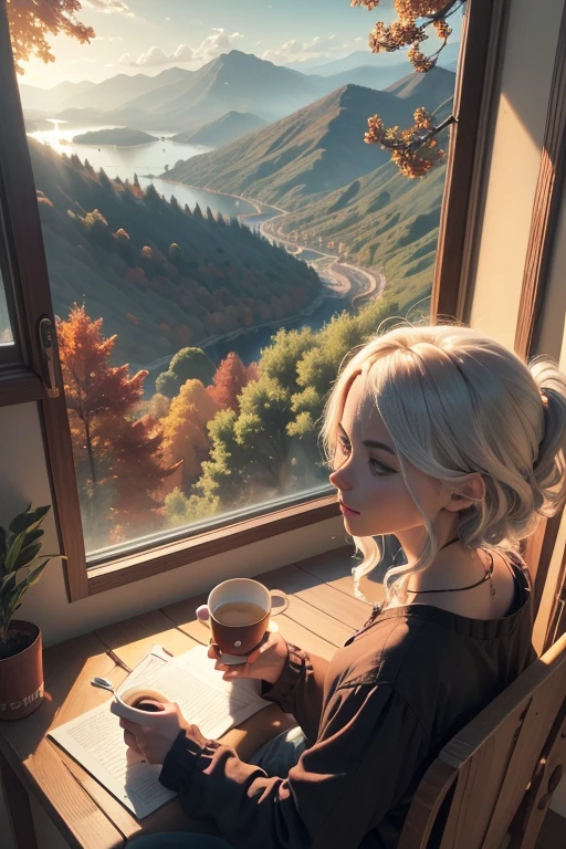 good morning，1 cup hot tea，Autumn morning，Estaba tranquilo，Beautiful and thought-provoking，art painting，in a panoramic view，Vista lejana