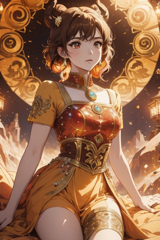 anime style; 3d; glitter; horoscope sign Taurus; color brown; Bull details; ♉ symbol; aragonite stone; fancy dress; luxurious outfit
