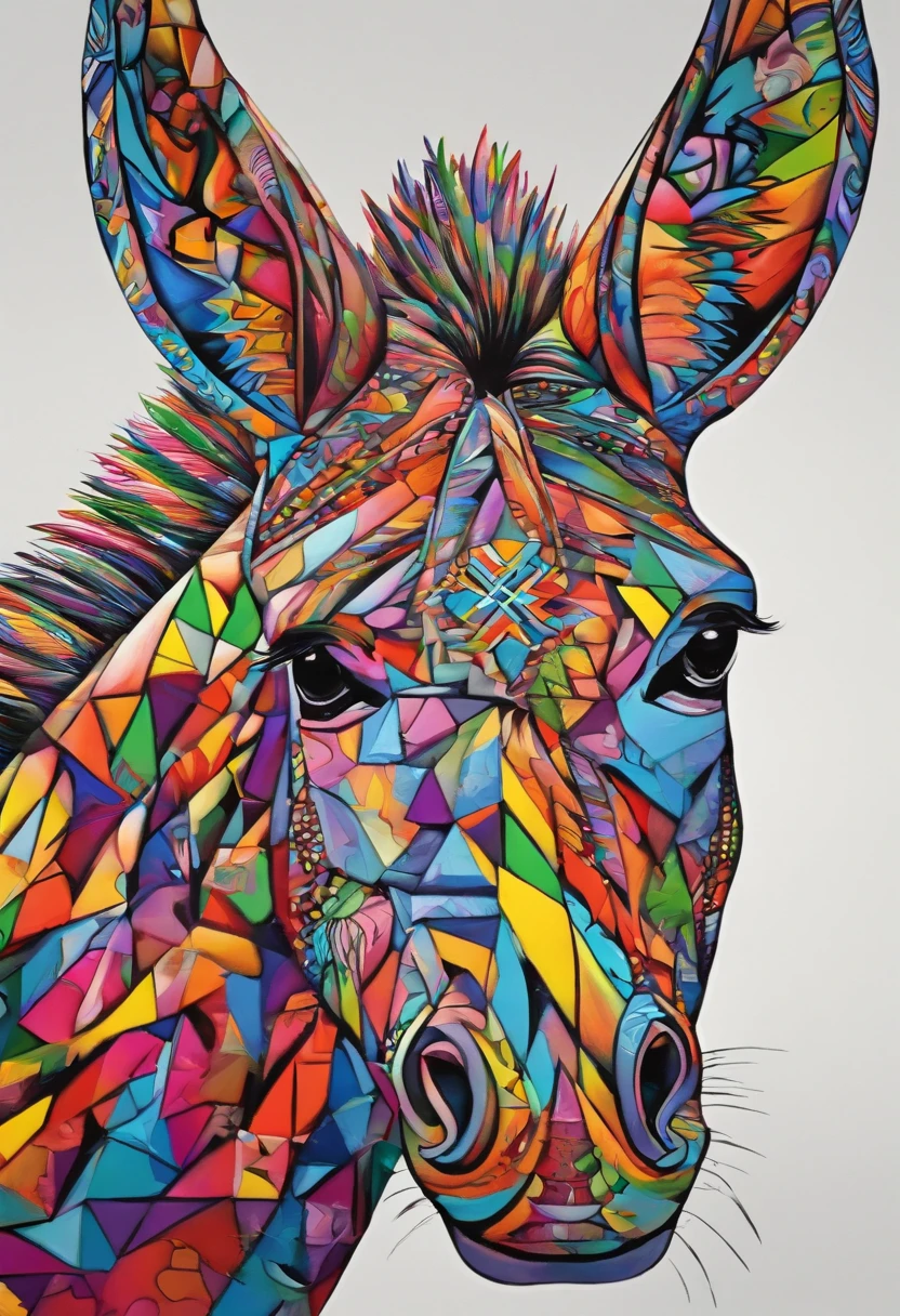 grafismo, diverse and playful geometric figures, Rainbow, romero britto, a donkey, donkey, donkey, donkey from the northeastern Brazilian hinterland, jumentinho head, juba bem detalhada ((fundo branco)), olhos penetrantes, jumento colorido e alegre, abstrato, epic instagram, art-station, toque de estilo splash de tinta colorida+, contorno, hiperdetalhado intricadamente detalhado, genial, detalhes intrincados, tela inicial, cores complementares, conceito realista abstrato romero britto de arte, 8K, obra-prima do deviantart, oil-painting, pinceladas pesadas, pingos de tinta, artes de salpicos.