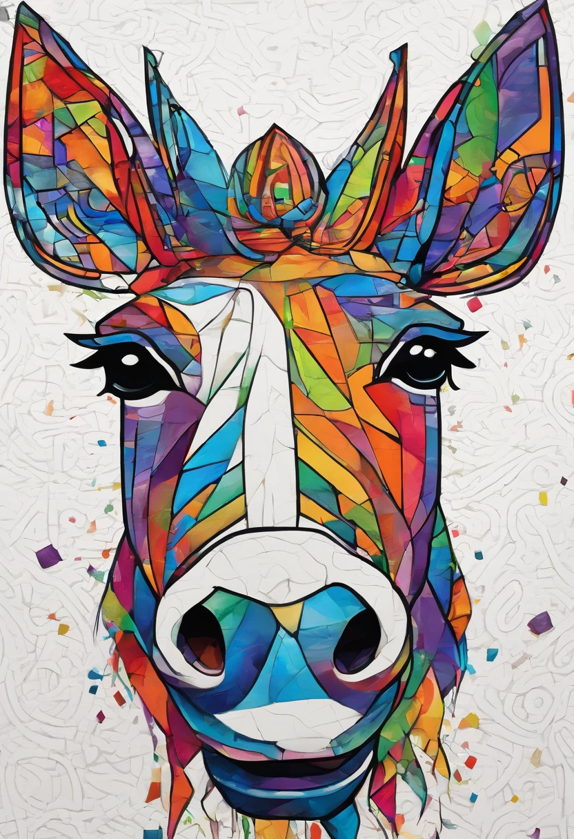 grafismo, diverse and playful geometric figures, Rainbow, romero britto, a donkey, donkey, donkey, donkey from the northeastern Brazilian hinterland, jumentinho head, juba bem detalhada ((fundo branco)), olhos penetrantes, jumento colorido e alegre, abstrato, epic instagram, art-station, toque de estilo splash de tinta colorida+, contorno, hiperdetalhado intricadamente detalhado, genial, detalhes intrincados, tela inicial, cores complementares, conceito realista abstrato romero britto de arte, 8K, obra-prima do deviantart, oil-painting, pinceladas pesadas, pingos de tinta, artes de salpicos.