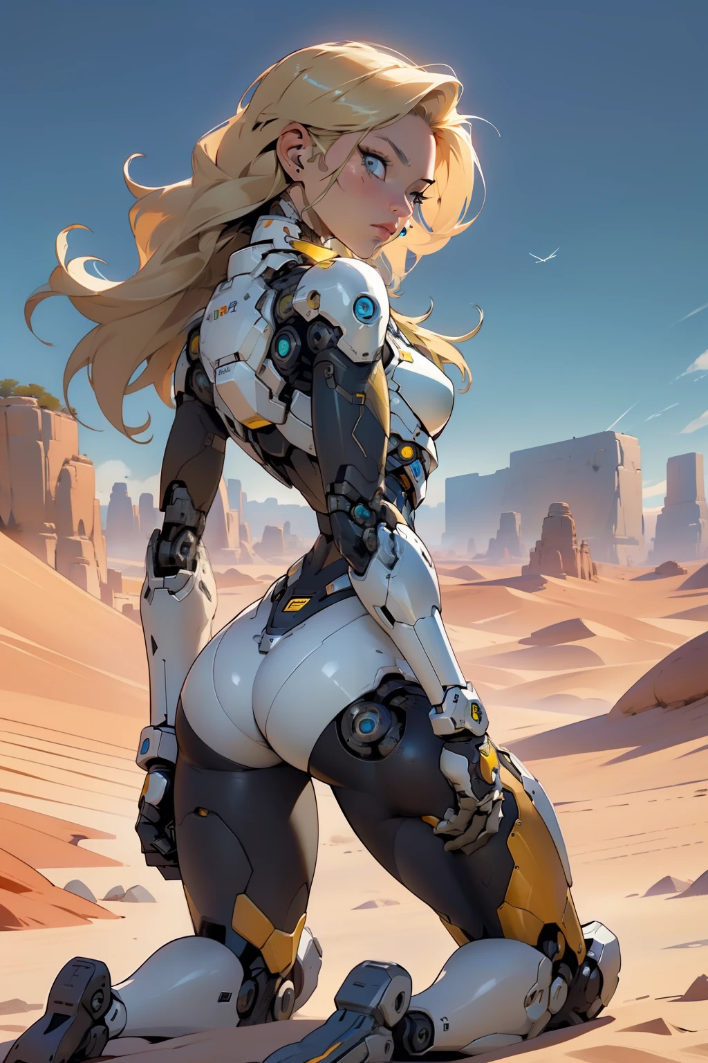 high quality, 4k, masterpiece, beautiful, cyborg girl, cowboy shot, dull eyes, back side, turning around to look at viewer, long blonde hair, girl, small breasts, fit thigh, robotic arms, robotic body, cyborg body, yellow accent, red accent, intricate detail, joint, detailed lines, robotic detail, holding fist up, holding hand up as fist, color robotic parts, robotic parts with color, perfect fingers, on a desert planet, sunny background, colorful desert, a river or a lake in the background