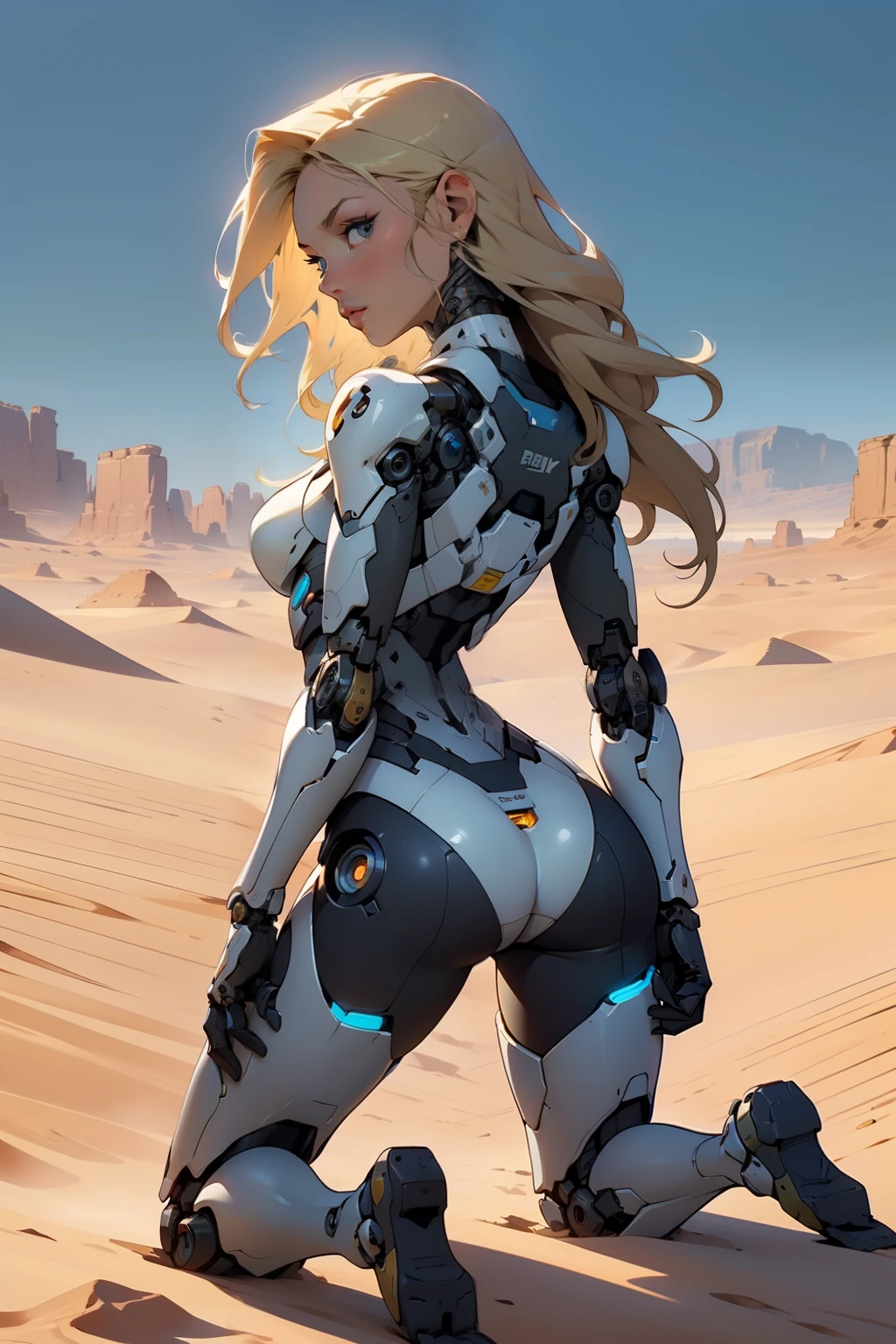 high quality, 4k, masterpiece, beautiful, cyborg girl, cowboy shot, dull eyes, kneeling down, view from backside, rear view, turning around to look at viewer, long blonde hair, girl, small breasts, fit thigh, robotic arms, robotic body, cyborg body, yellow accent, redaccent, intricate detail, joint, detailed lines, robotic detail, holding fist up, holding hand up as fist, color robotic parts, robotic parts with color, perfect fingers, on a desert planet, sunny background, colorful desert,